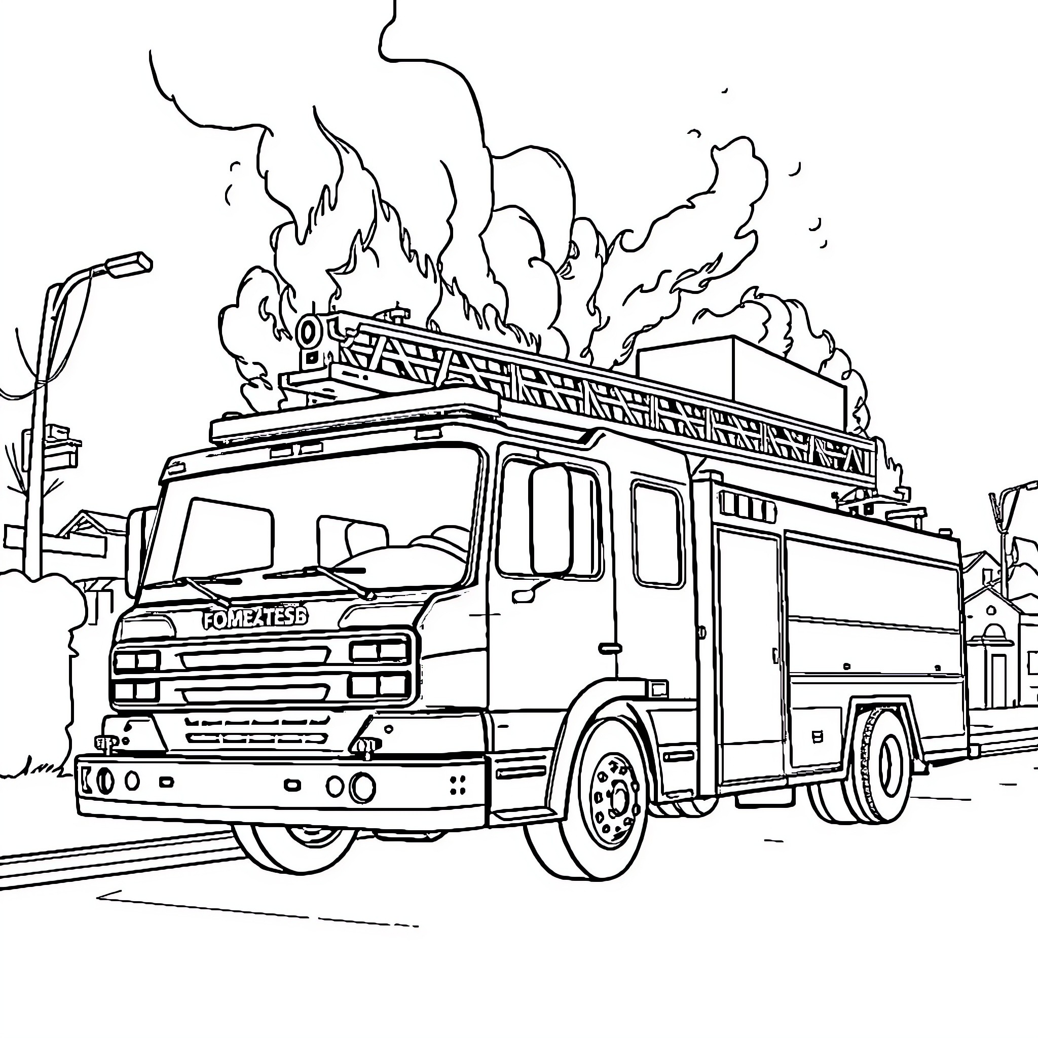 Fire Truck responding to an emergency with sirens and smoke Coloring Page (free black-and-white line drawing printable PDF for all, from beginners to advanced learners, including children, teens, adults, and seniors)
