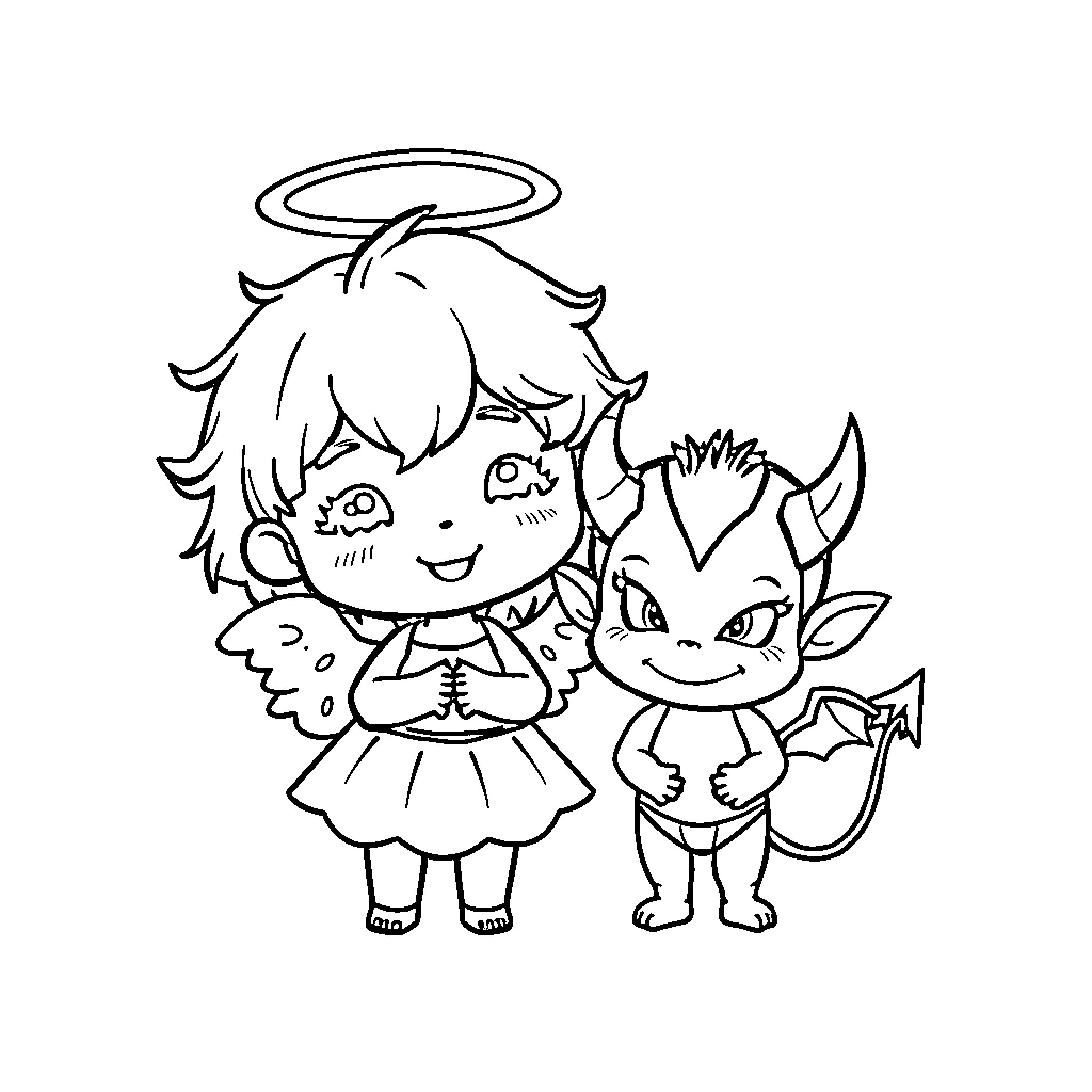 Angel and Cute Demon in Playful Embrace Coloring Page (free black-and-white line drawing printable PDF for all, from beginners to advanced learners, including children, teens, adults, and seniors)