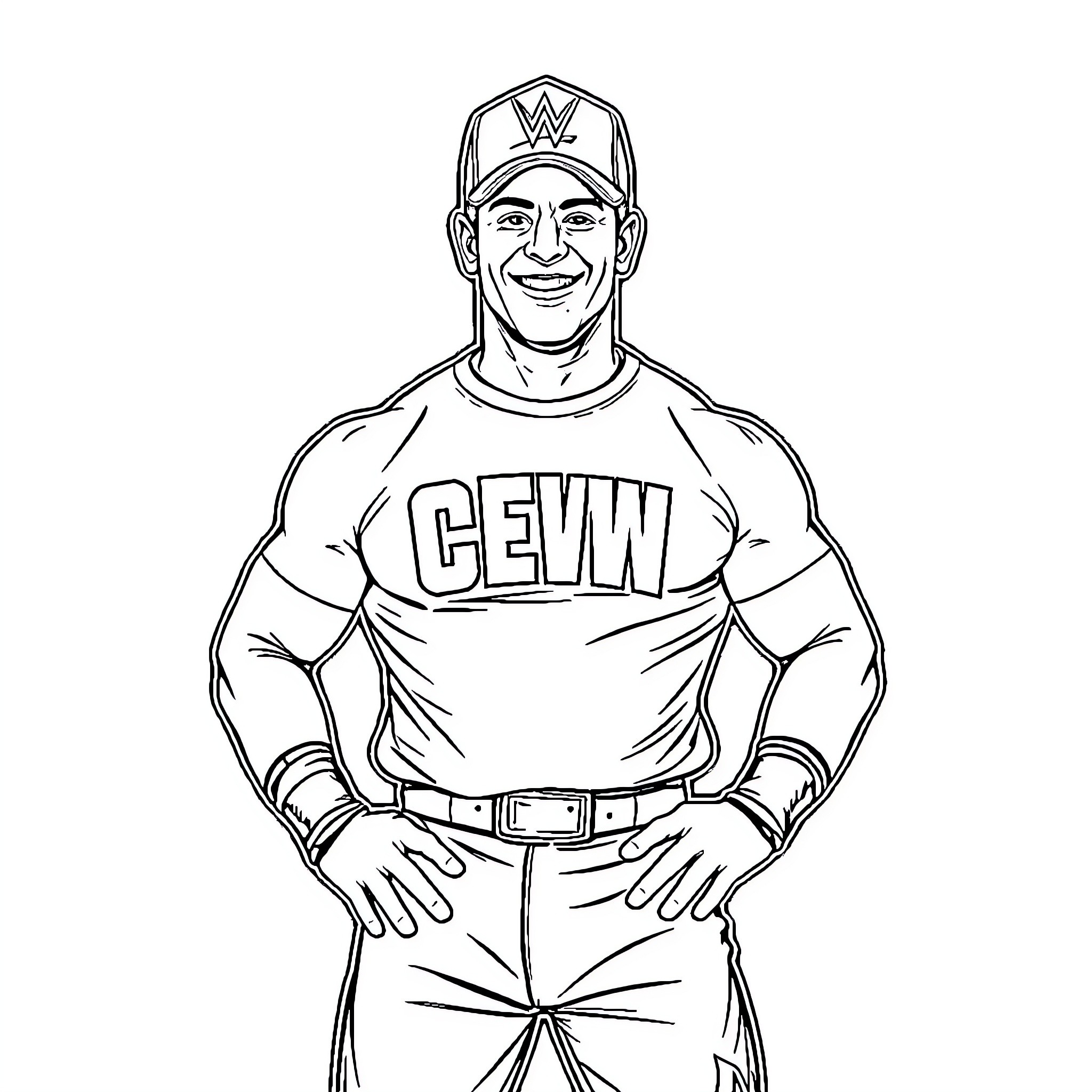 John Cena posing confidently in wrestling attire Coloring Page (free black-and-white line drawing printable PDF for all, from beginners to advanced learners, including children, teens, adults, and seniors)