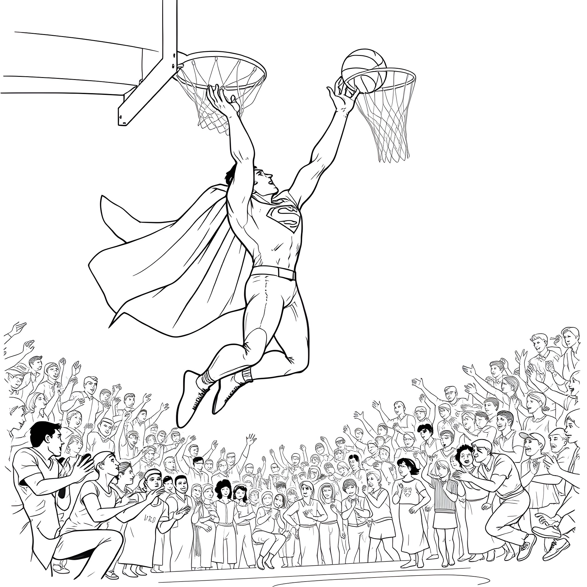 Superman dunking in a basketball game with crowd Coloring Page (free black-and-white line drawing printable PDF for all, from beginners to advanced learners, including children, teens, adults, and seniors)