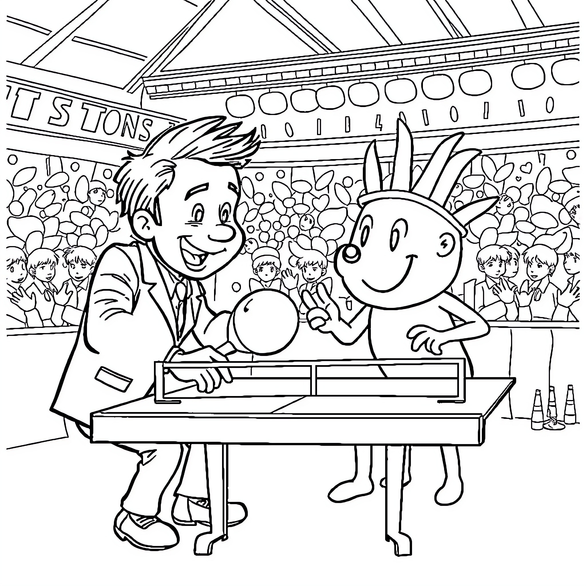 Macron Interacting Playfully with Mascot at Stadium Coloring Page (free black-and-white line drawing printable PDF for all, from beginners to advanced learners, including children, teens, adults, and seniors)