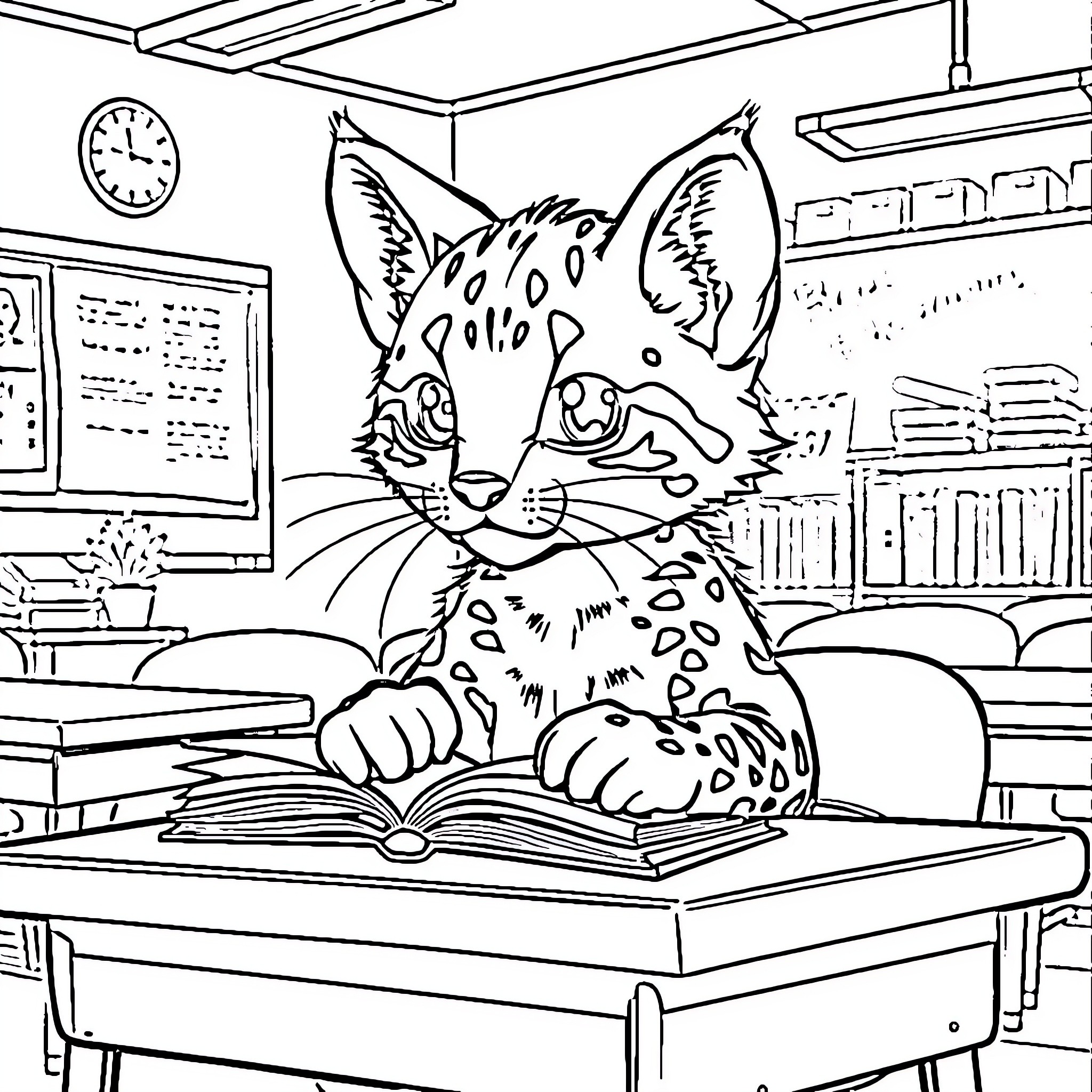 Bobcat reading book in school classroom Coloring Page (free black-and-white line drawing printable PDF for all, from beginners to advanced learners, including children, teens, adults, and seniors)