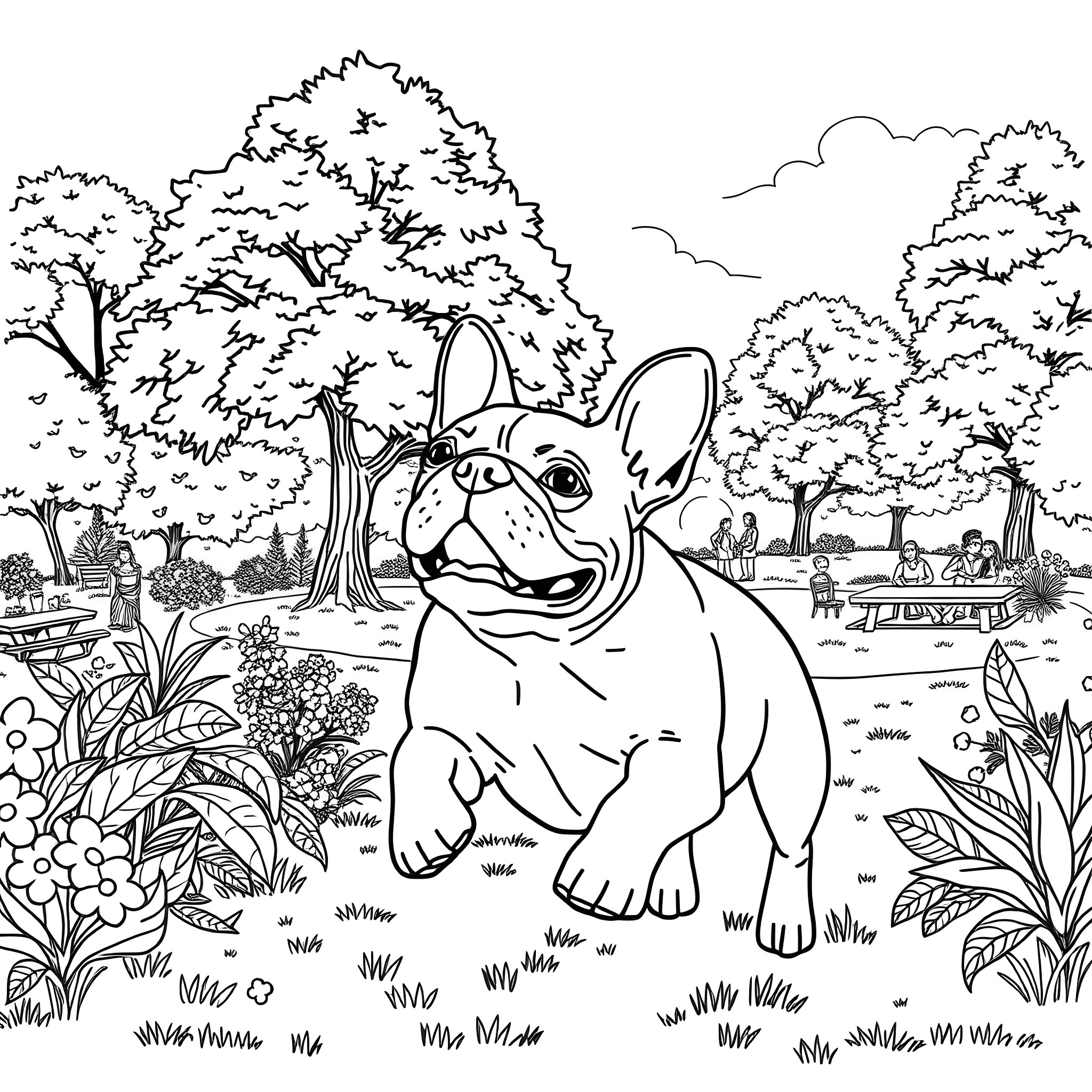 French Bulldog playing joyfully in a lush park Coloring Page (free black-and-white line drawing printable PDF for all, from beginners to advanced learners, including children, teens, adults, and seniors)