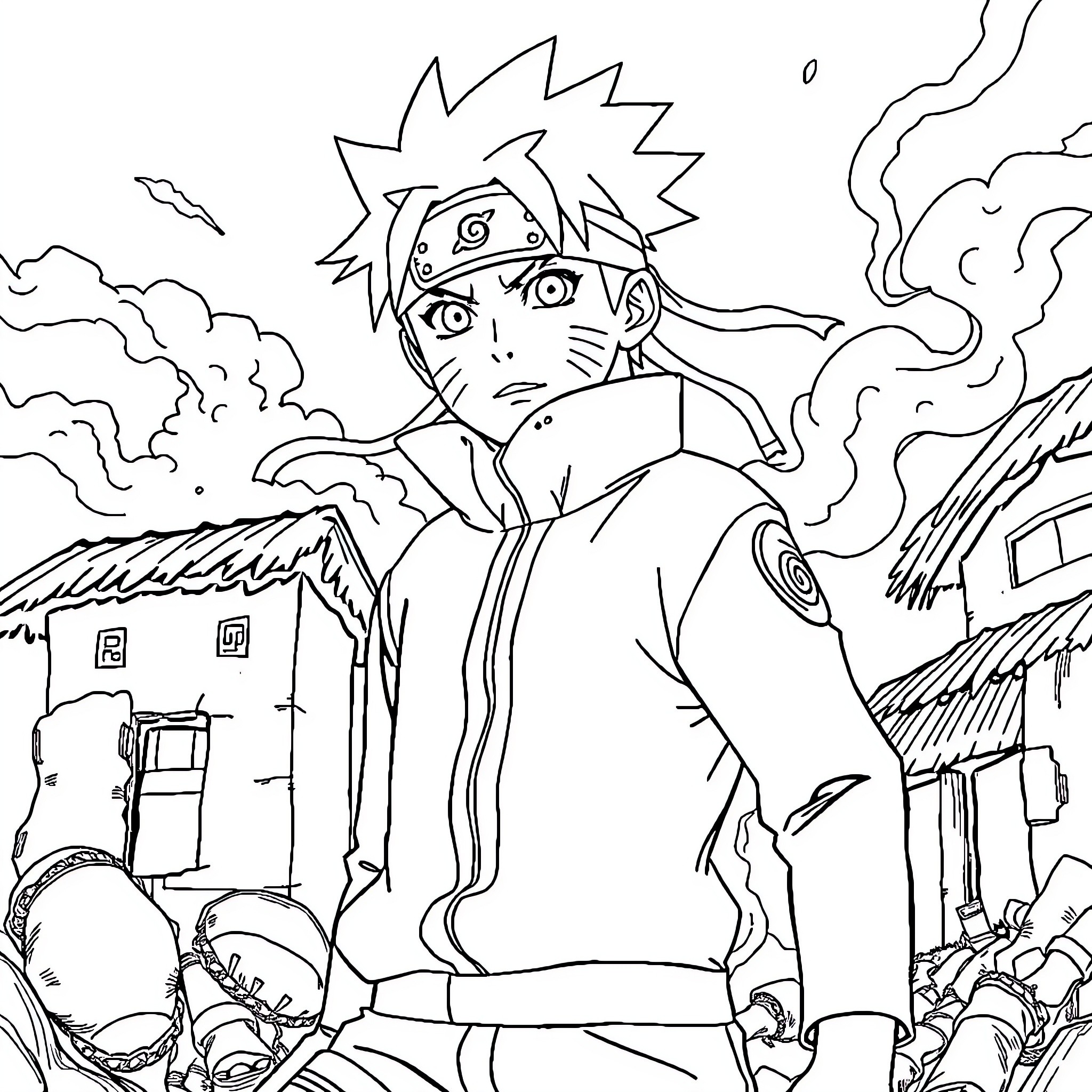 Naruto in a dramatic action pose surrounded by destruction Coloring Page (free black-and-white line drawing printable PDF for all, from beginners to advanced learners, including children, teens, adults, and seniors)