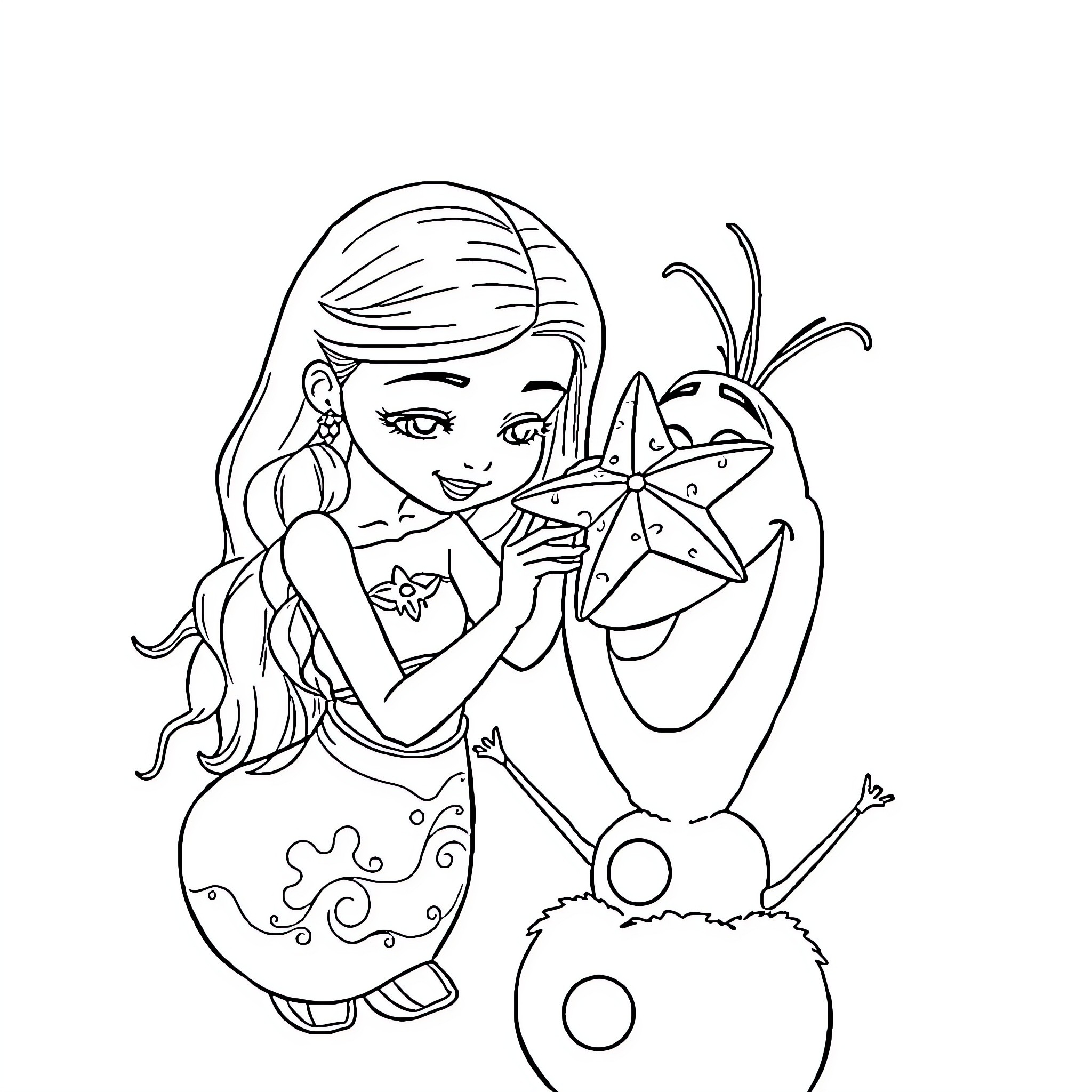Moana exploring the sea with a magical creature Coloring Page (free black-and-white line drawing printable PDF for all, from beginners to advanced learners, including children, teens, adults, and seniors)