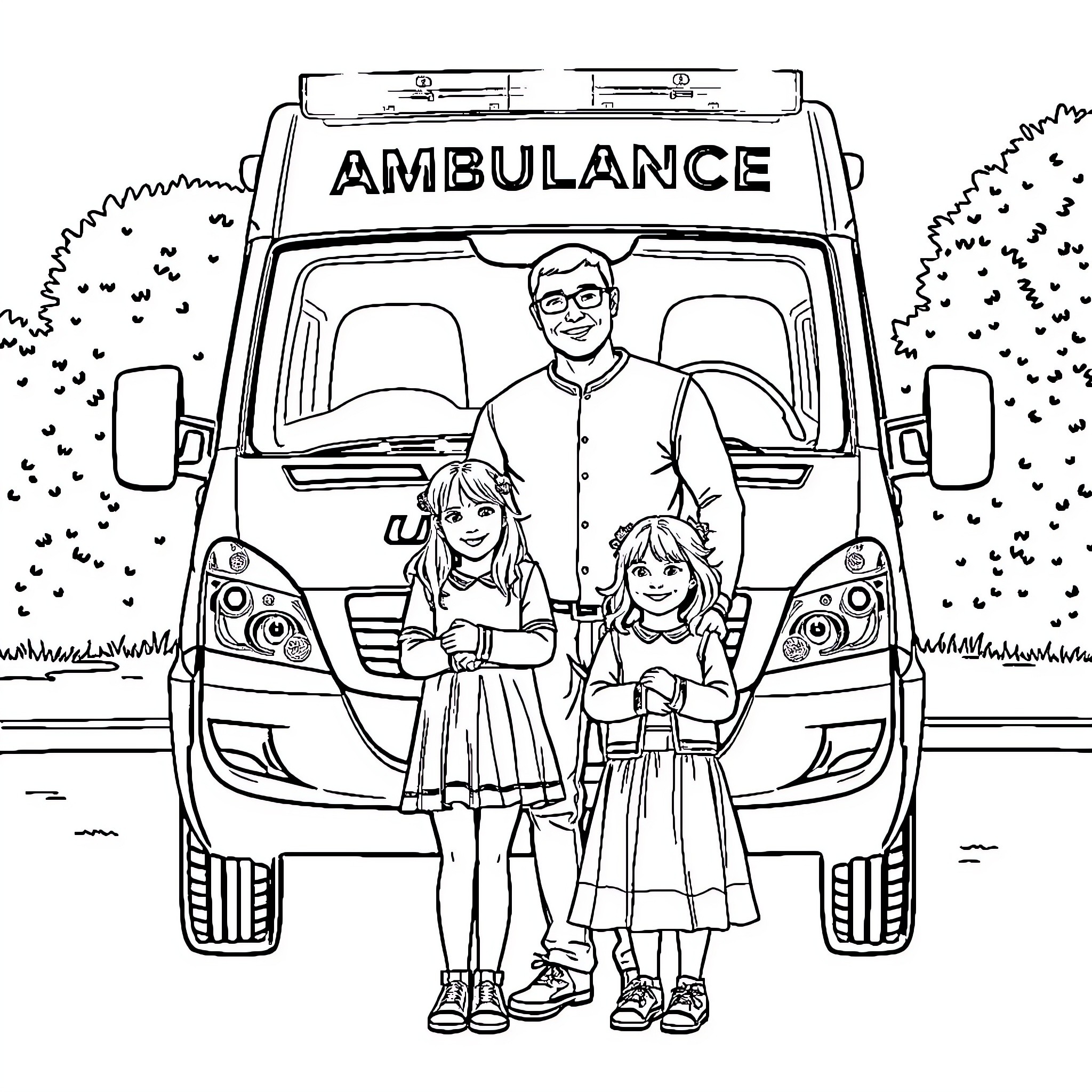Family standing near an ambulance vehicle Coloring Page (free black-and-white line drawing printable PDF for all, from beginners to advanced learners, including children, teens, adults, and seniors)