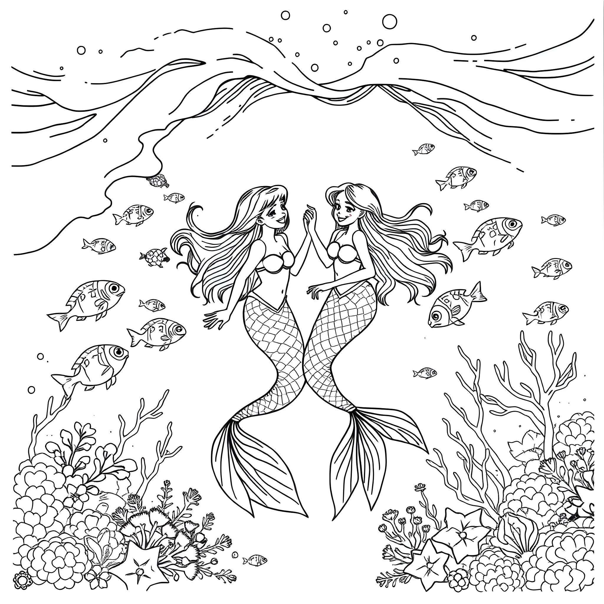 Mermaid friends enjoying the underwater scene Coloring Page (free black-and-white line drawing printable PDF for all, from beginners to advanced learners, including children, teens, adults, and seniors)
