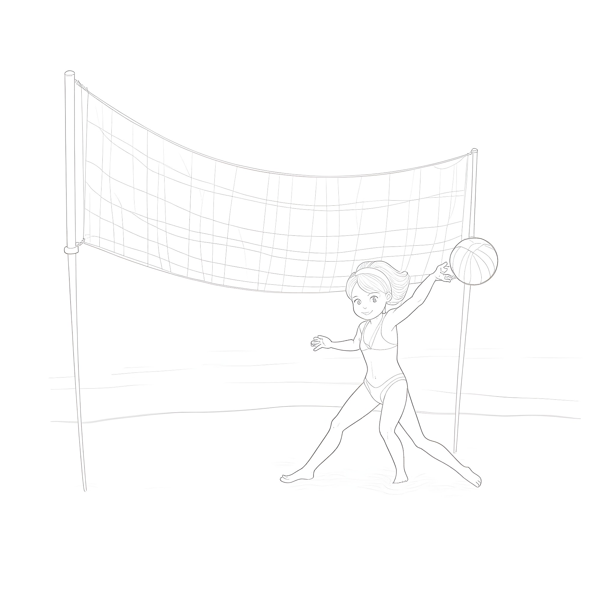 Girl playing volleyball on the court Coloring Page (free black-and-white line drawing printable PDF for all, from beginners to advanced learners, including children, teens, adults, and seniors)