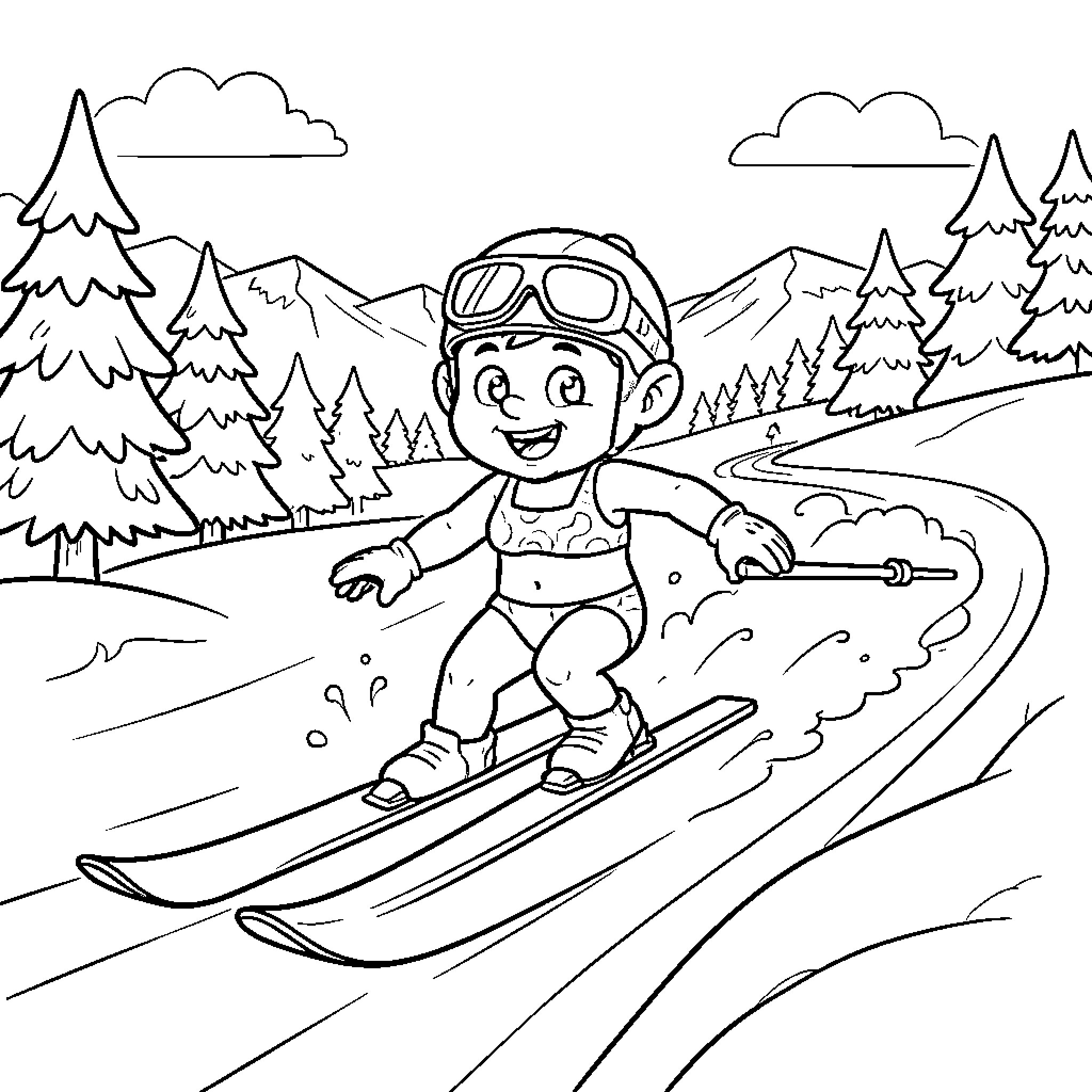 Lutin skiing down the snowy mountain slopes Coloring Page (free black-and-white line drawing printable PDF for all, from beginners to advanced learners, including children, teens, adults, and seniors)