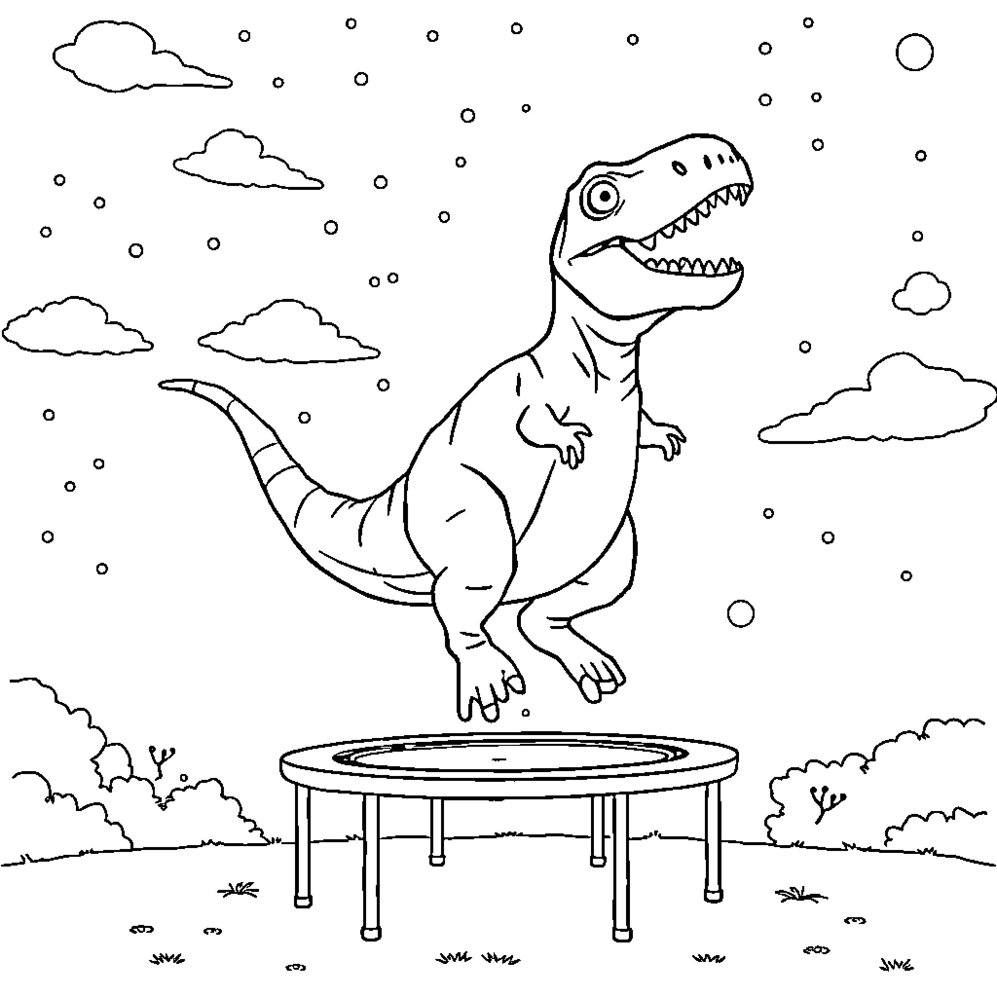 Dinosaur jumping on trampoline in snowy landscape Coloring Page (free black-and-white line drawing printable PDF for all, from beginners to advanced learners, including children, teens, adults, and seniors)