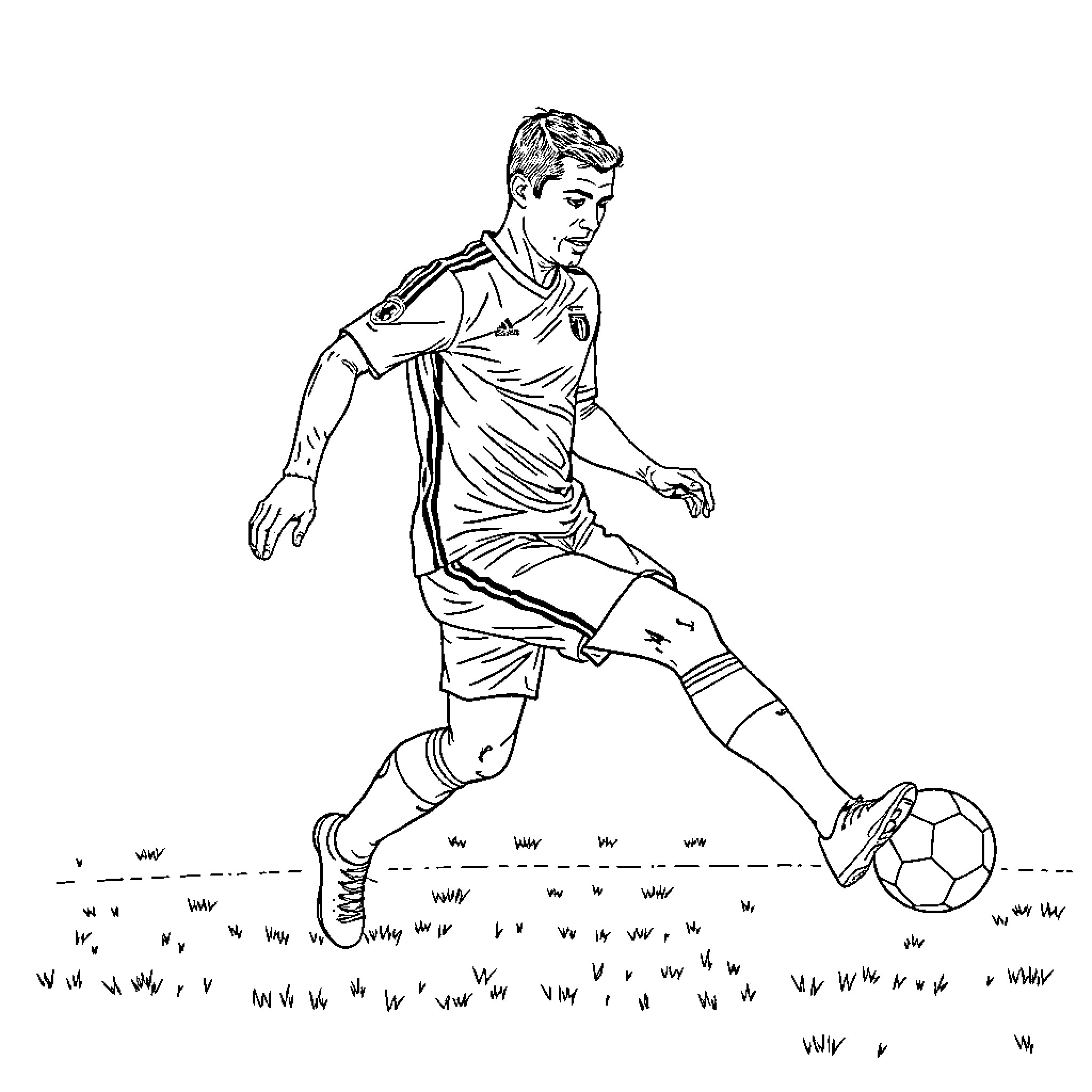 Cristiano Ronaldo playing soccer on the field Coloring Page (free black-and-white line drawing printable PDF for all, from beginners to advanced learners, including children, teens, adults, and seniors)