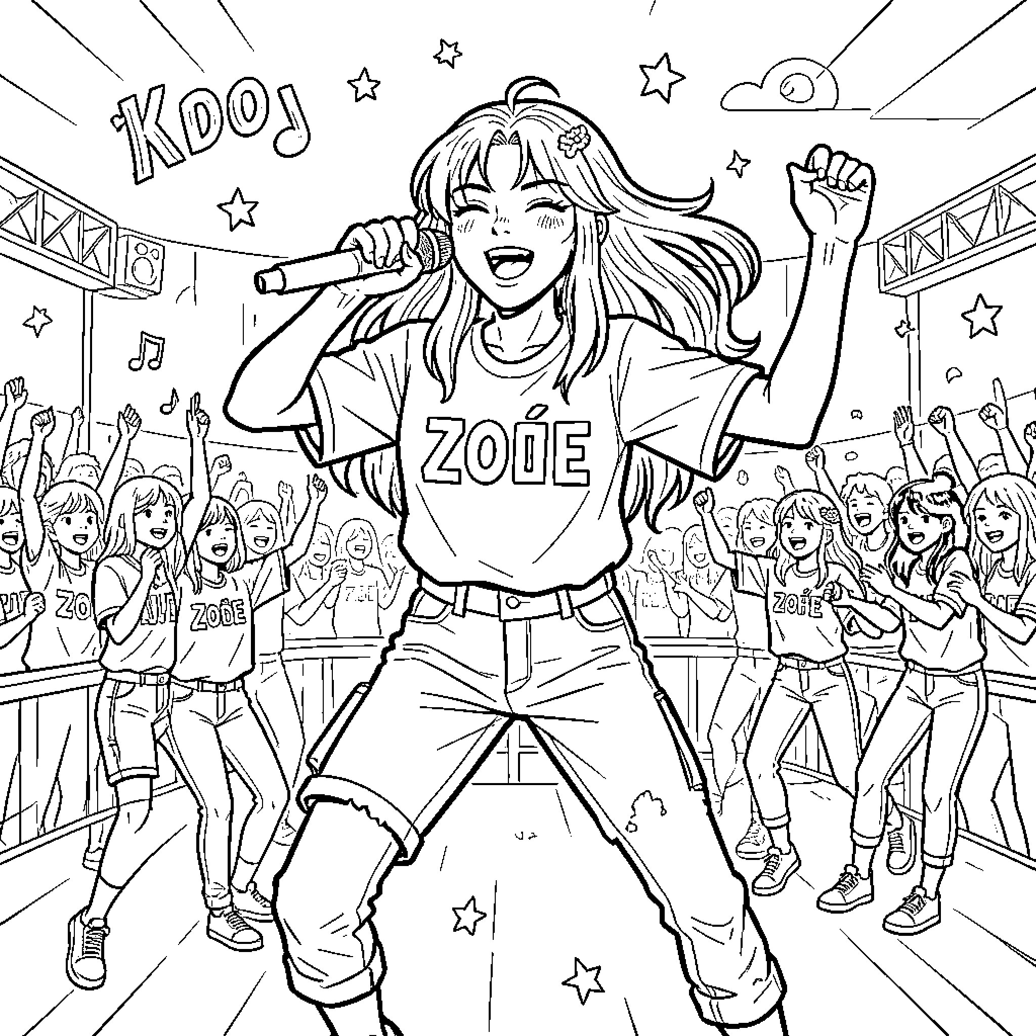 Zoë singing joyfully on stage during a concert Coloring Page (free black-and-white line drawing printable PDF for all, from beginners to advanced learners, including children, teens, adults, and seniors)