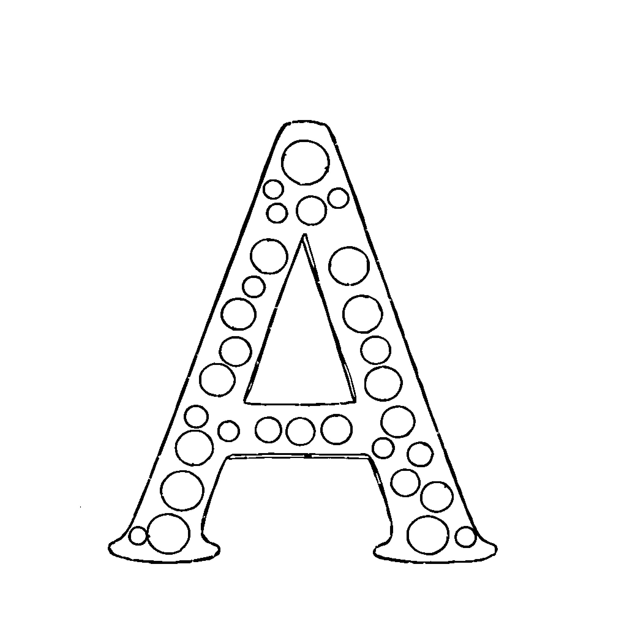 Letter A Formed by Circles and Shapes Coloring Page (free black-and-white line drawing printable PDF for all, from beginners to advanced learners, including children, teens, adults, and seniors)