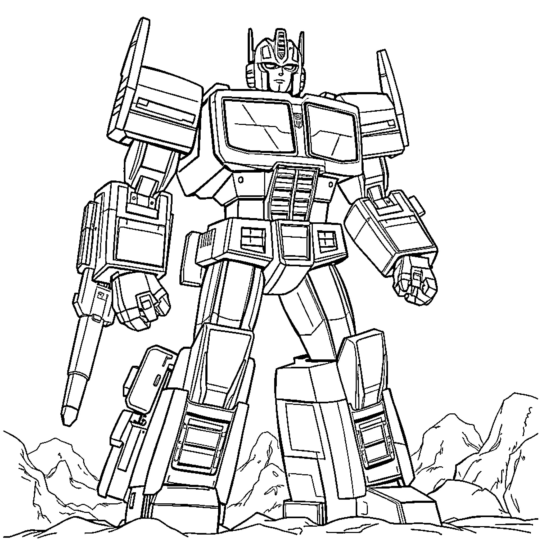 Optimus Prime in battle-ready pose Coloring Page (free black-and-white line drawing printable PDF for all, from beginners to advanced learners, including children, teens, adults, and seniors)