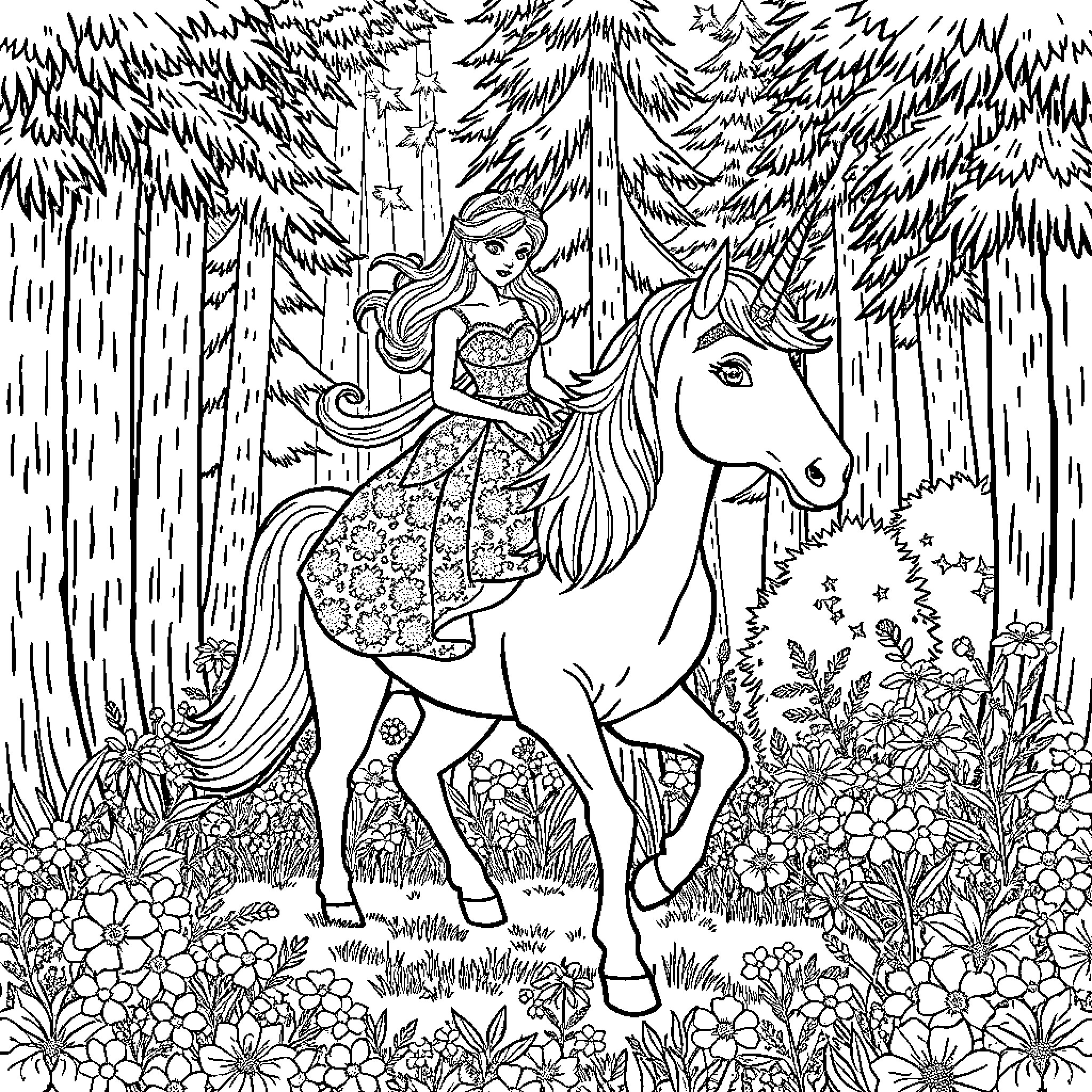 Princess riding a unicorn through a magical forest Coloring Page (free black-and-white line drawing printable PDF for all, from beginners to advanced learners, including children, teens, adults, and seniors)