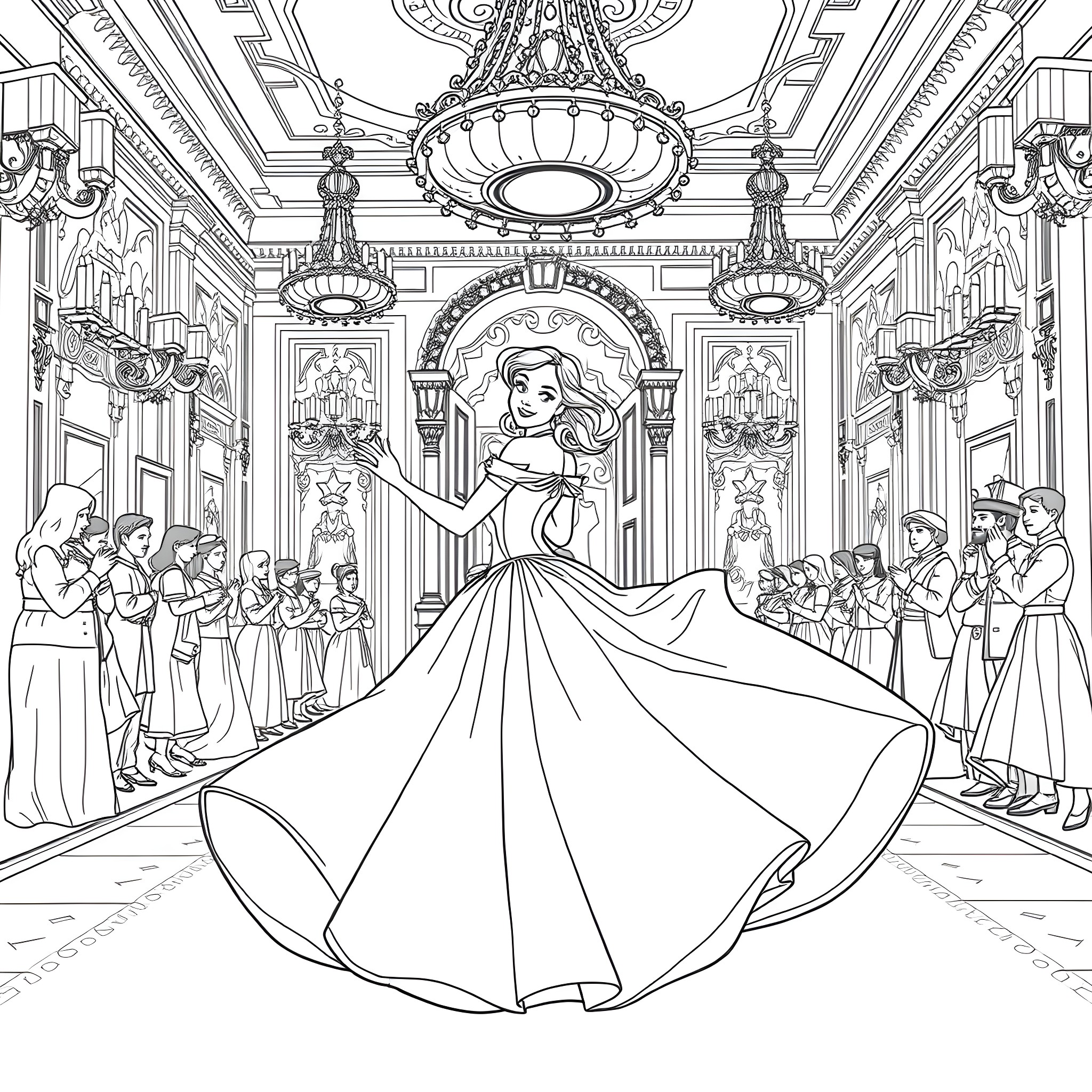 Princess in a Grand Ballroom Dance Coloring Page (free black-and-white line drawing printable PDF for all, from beginners to advanced learners, including children, teens, adults, and seniors)