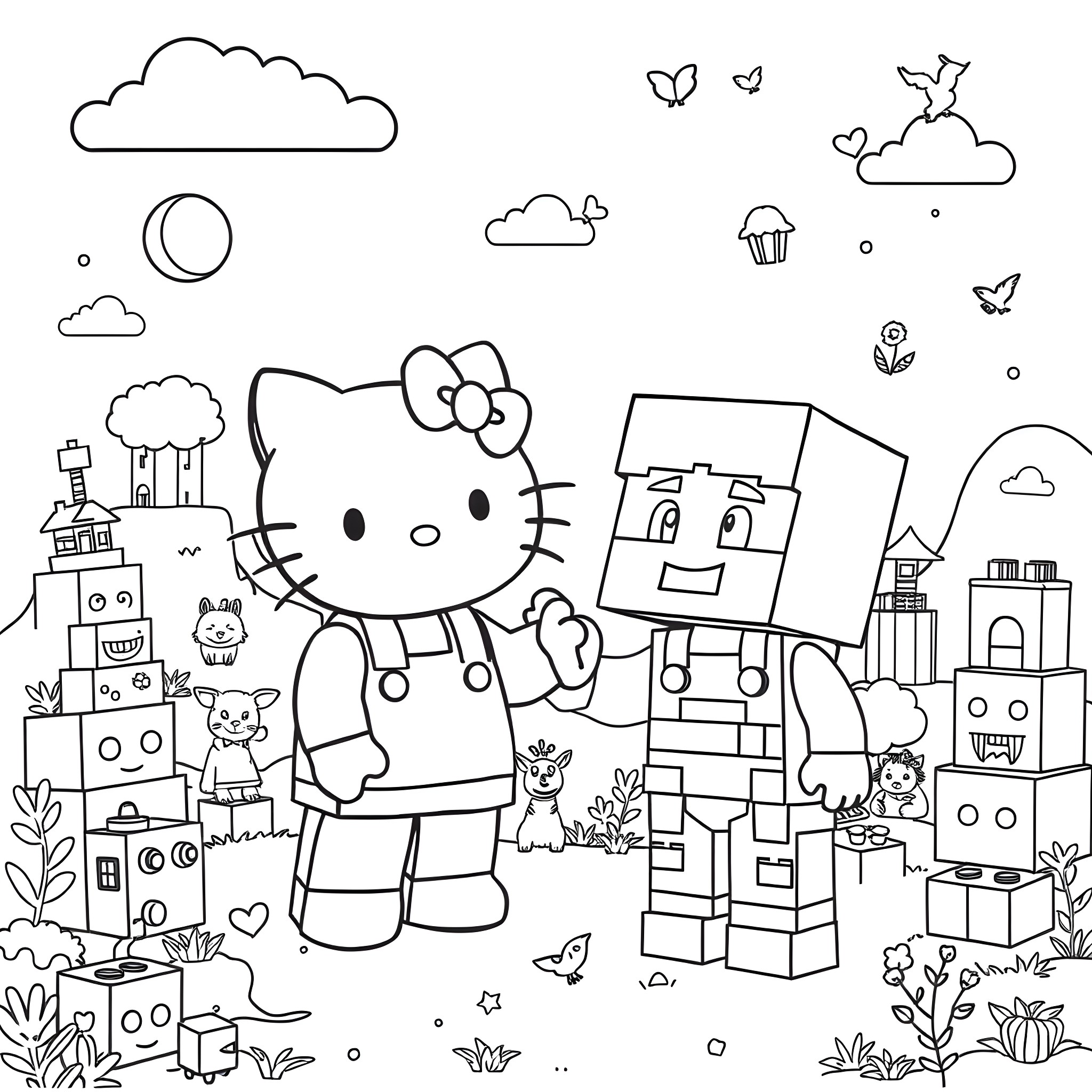 Hello Kitty playing with friends in a whimsical city landscape Coloring Page (free black-and-white line drawing printable PDF for all, from beginners to advanced learners, including children, teens, adults, and seniors)