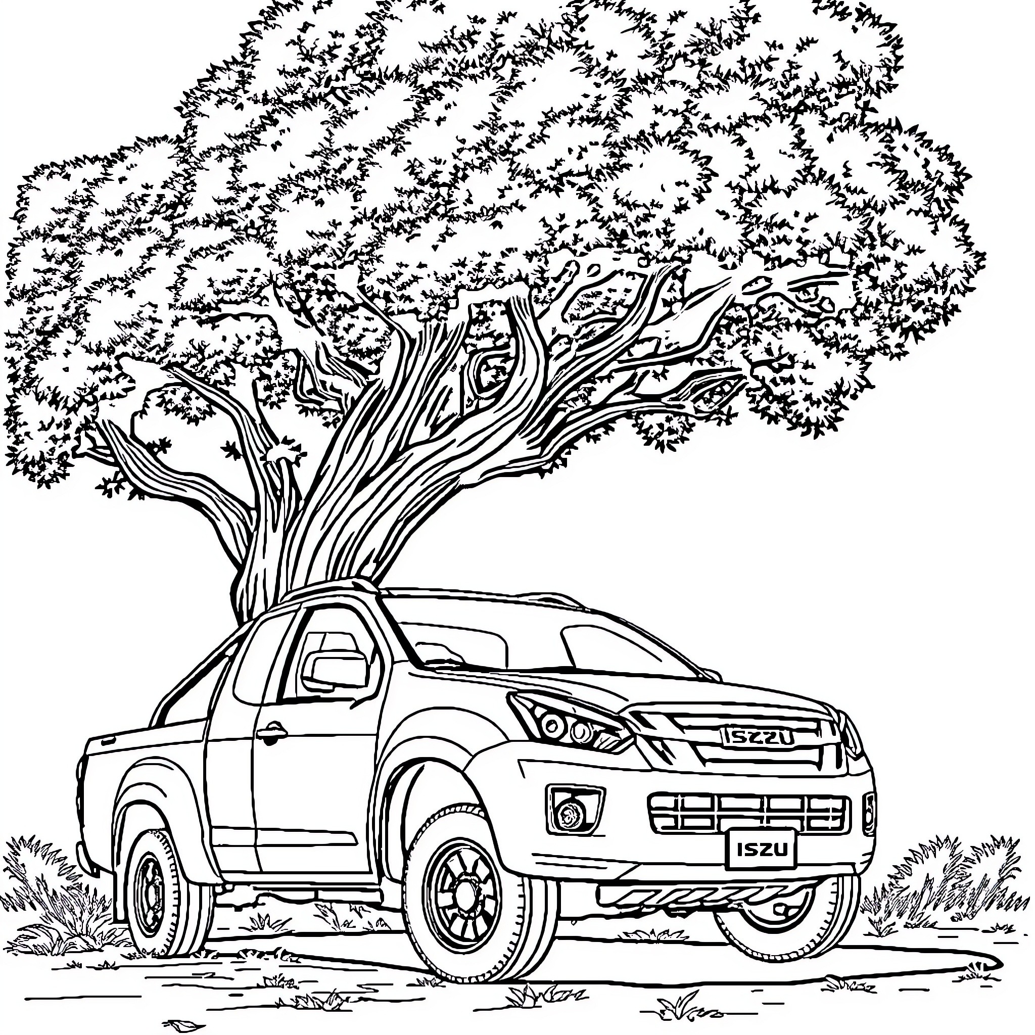 Isuzu truck parked under a large tree Coloring Page (free black-and-white line drawing printable PDF for all, from beginners to advanced learners, including children, teens, adults, and seniors)