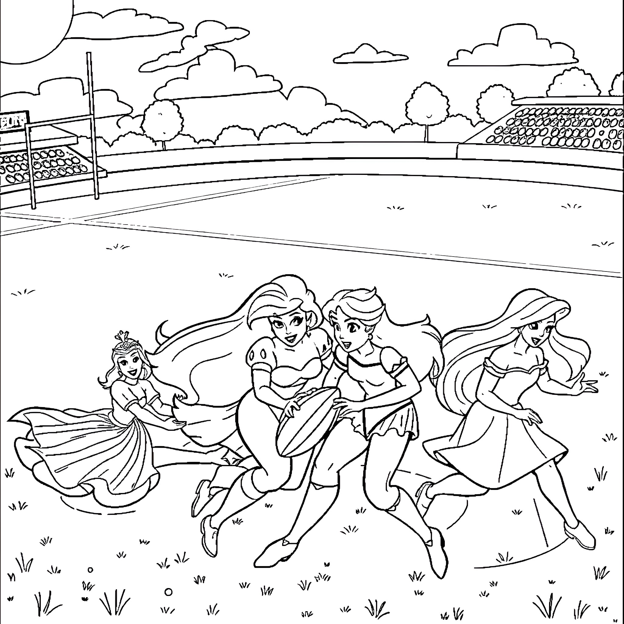 Disney Princess characters playing and dancing outdoors Coloring Page (free black-and-white line drawing printable PDF for all, from beginners to advanced learners, including children, teens, adults, and seniors)