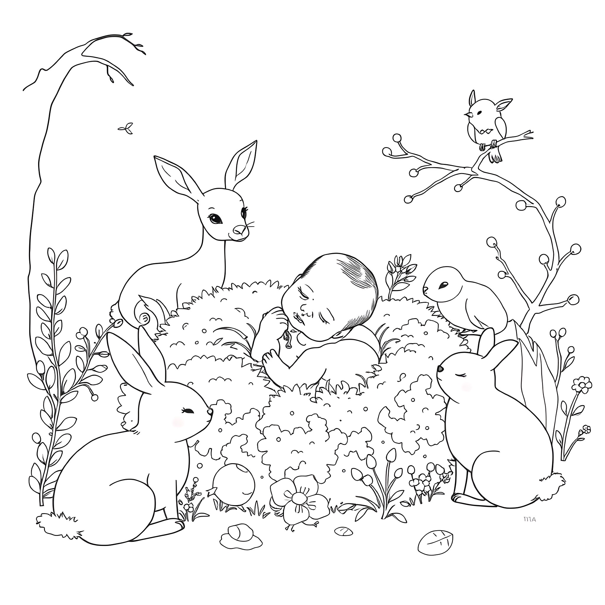 Baby sleeping peacefully amidst forest creatures Coloring Page (free black-and-white line drawing printable PDF for all, from beginners to advanced learners, including children, teens, adults, and seniors)
