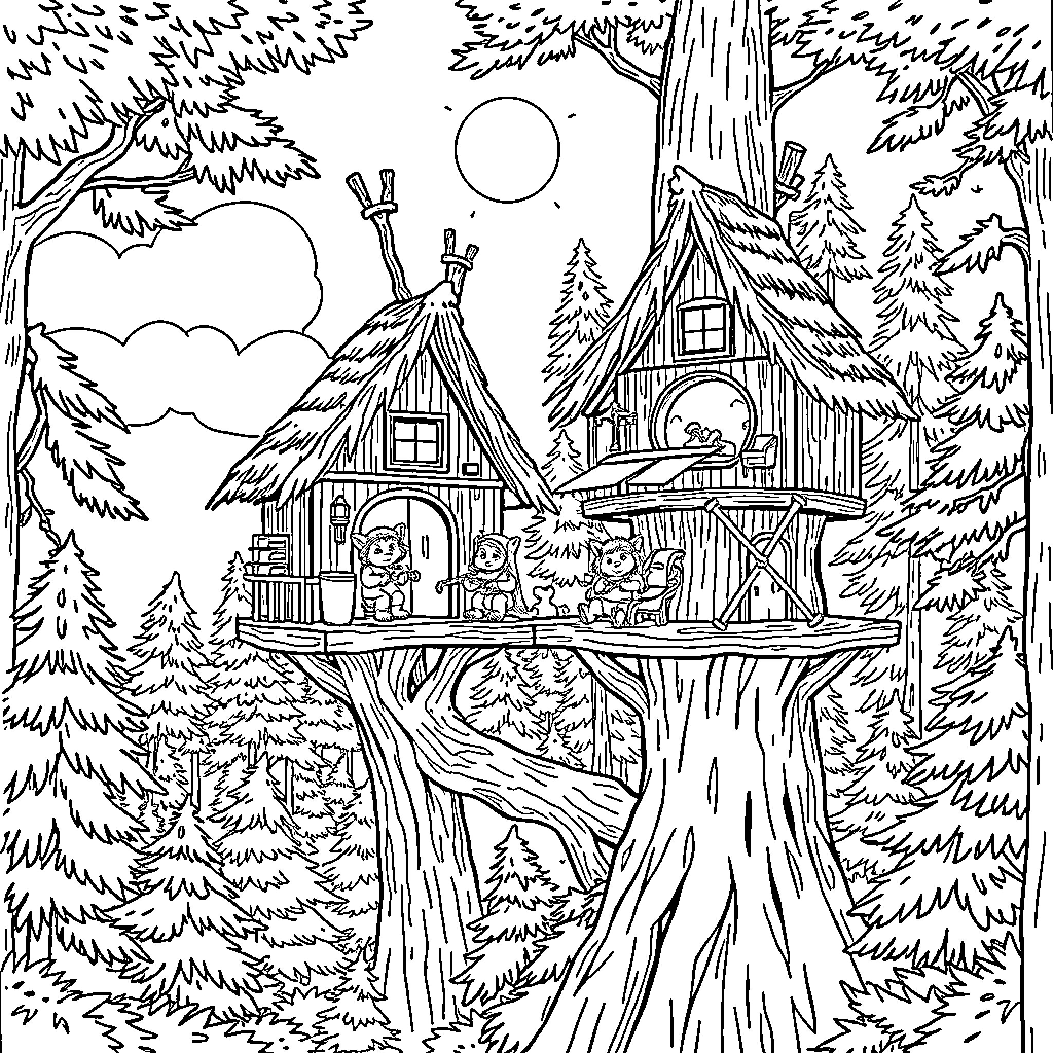 Ewok's Enchanted Treetop Hideaway Coloring Page (free black-and-white line drawing printable PDF for all, from beginners to advanced learners, including children, teens, adults, and seniors)