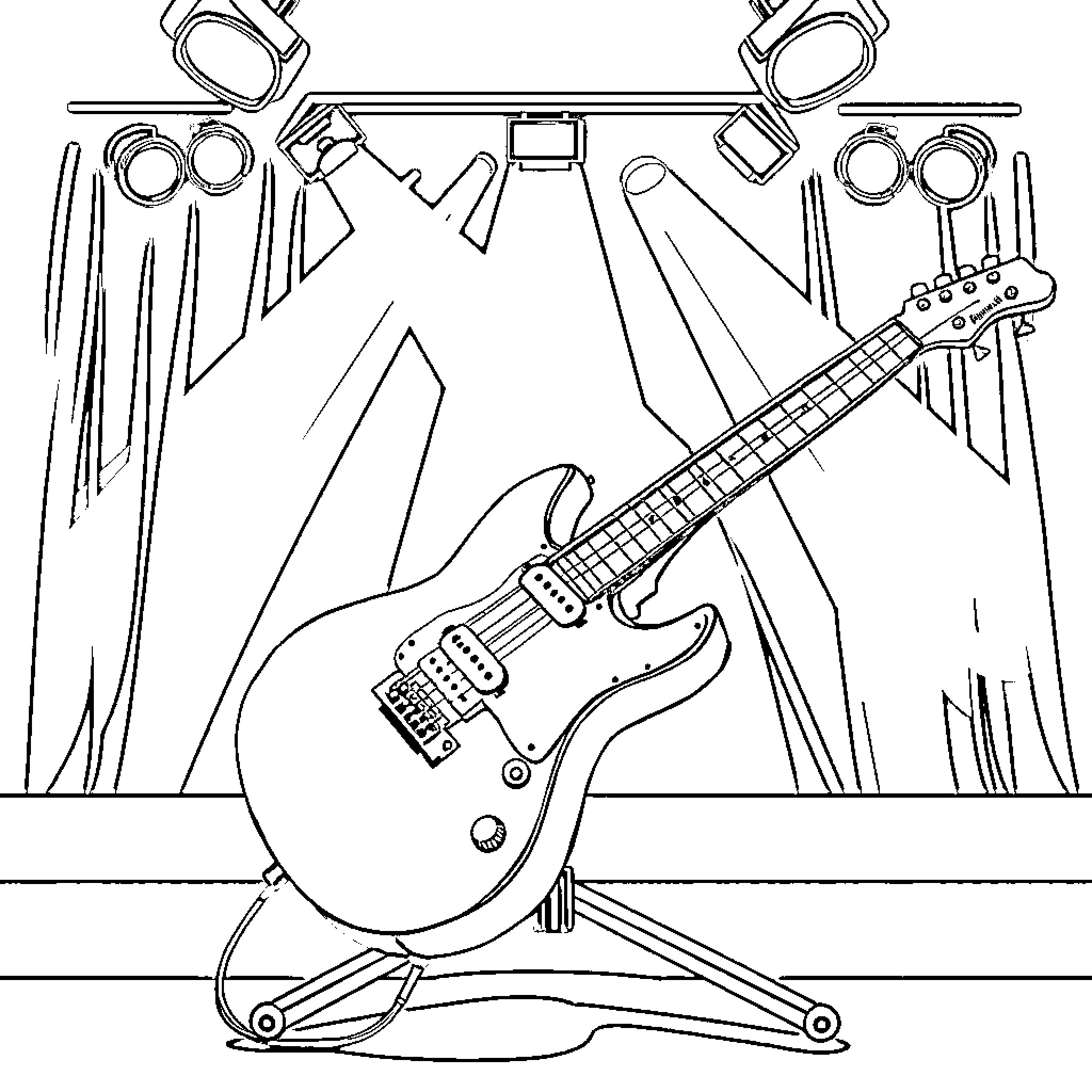 Electric Guitar on Stage with Lighting Equipment Coloring Page (free black-and-white line drawing printable PDF for all, from beginners to advanced learners, including children, teens, adults, and seniors)