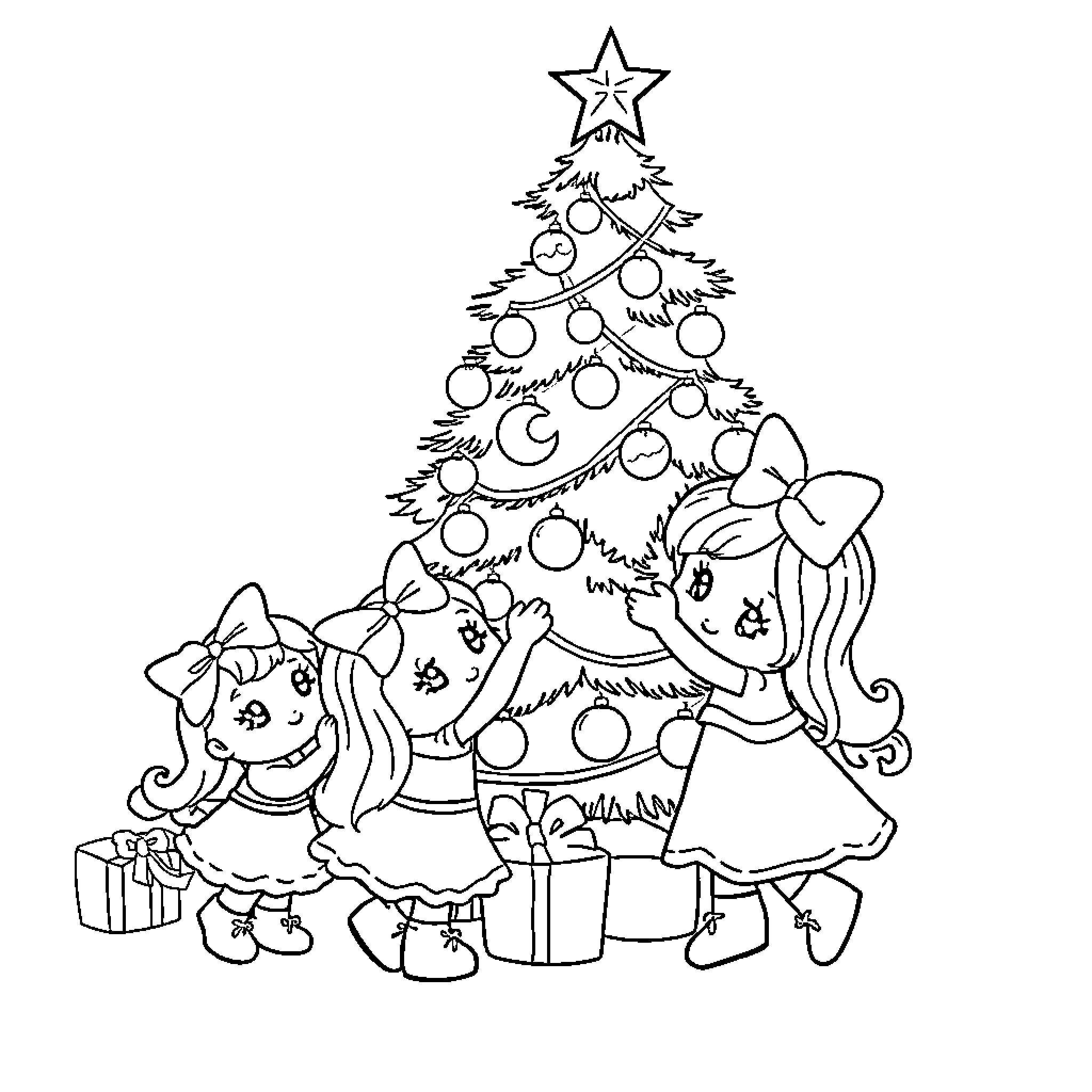 Strawberry Shortcake characters decorating a Christmas tree Coloring Page (free black-and-white line drawing printable PDF for all, from beginners to advanced learners, including children, teens, adults, and seniors)