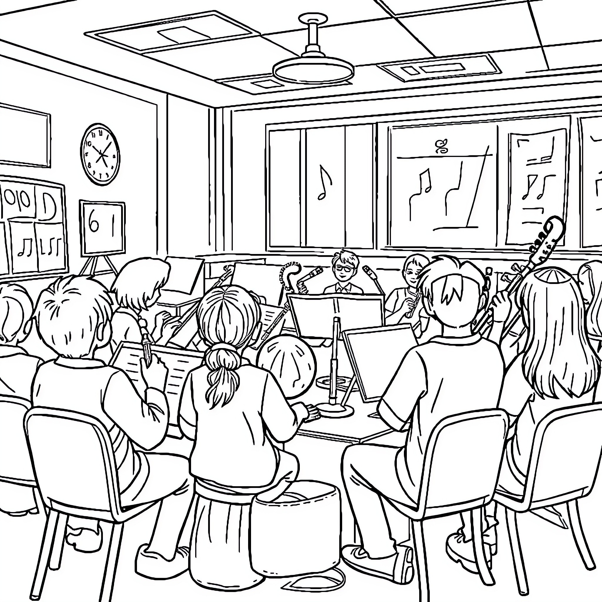 Garde Students Engaging in Music Lessons Coloring Page (free black-and-white line drawing printable PDF for all, from beginners to advanced learners, including children, teens, adults, and seniors)