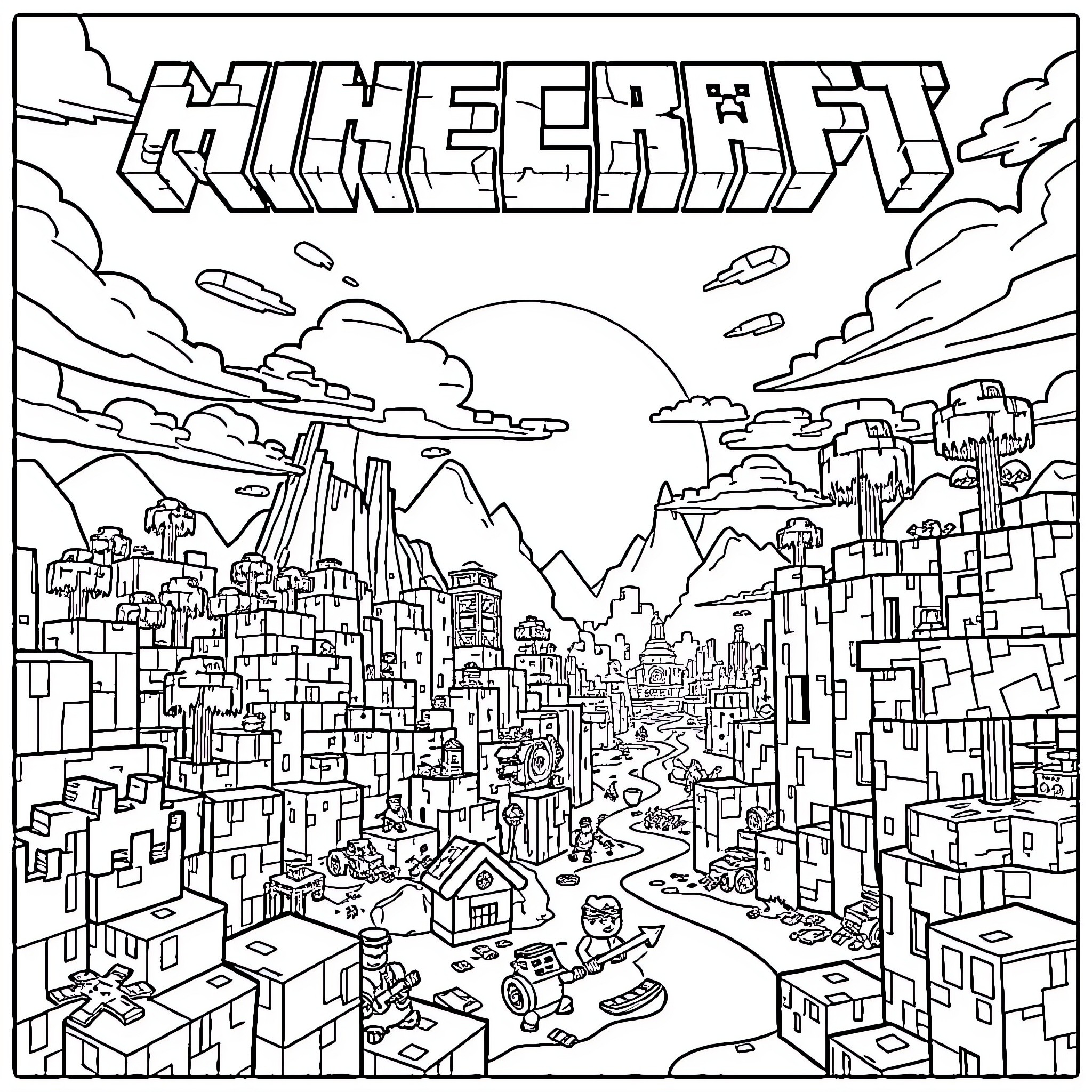 Minecraft city with people and vehicles in action Coloring Page (free black-and-white line drawing printable PDF for all, from beginners to advanced learners, including children, teens, adults, and seniors)