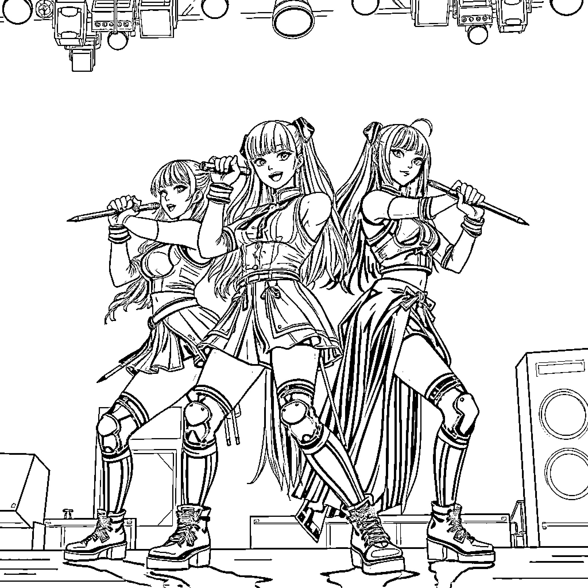 K Pop Warrior Trio Strikes Fierce Poses Coloring Page (free black-and-white line drawing printable PDF for all, from beginners to advanced learners, including children, teens, adults, and seniors)