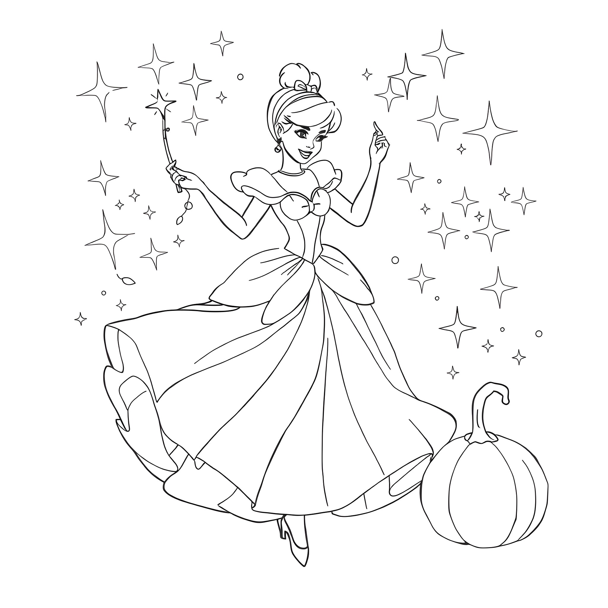 Fairy Godmother casting magical spells with sparkles Coloring Page (free black-and-white line drawing printable PDF for all, from beginners to advanced learners, including children, teens, adults, and seniors)