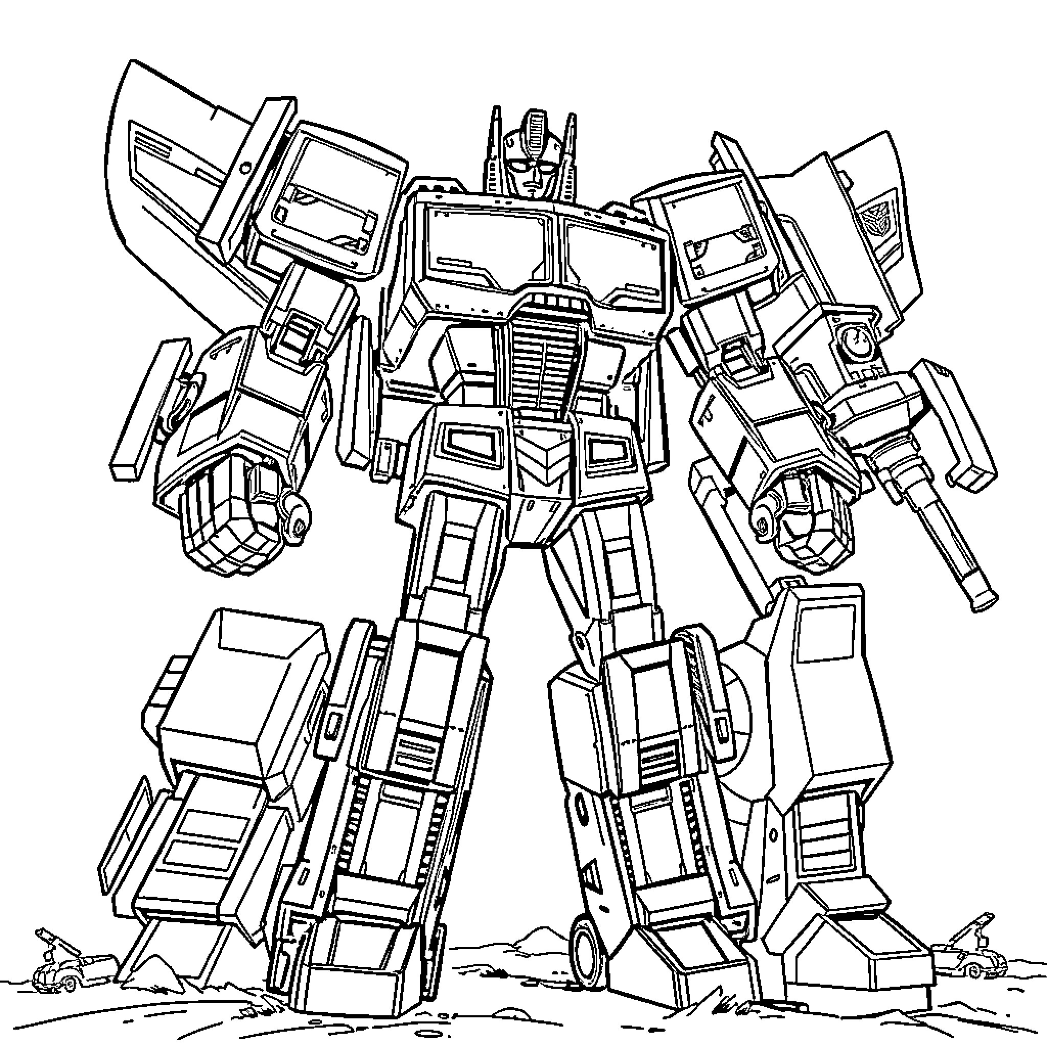 Transformer robot in action-ready stance Coloring Page (free black-and-white line drawing printable PDF for all, from beginners to advanced learners, including children, teens, adults, and seniors)