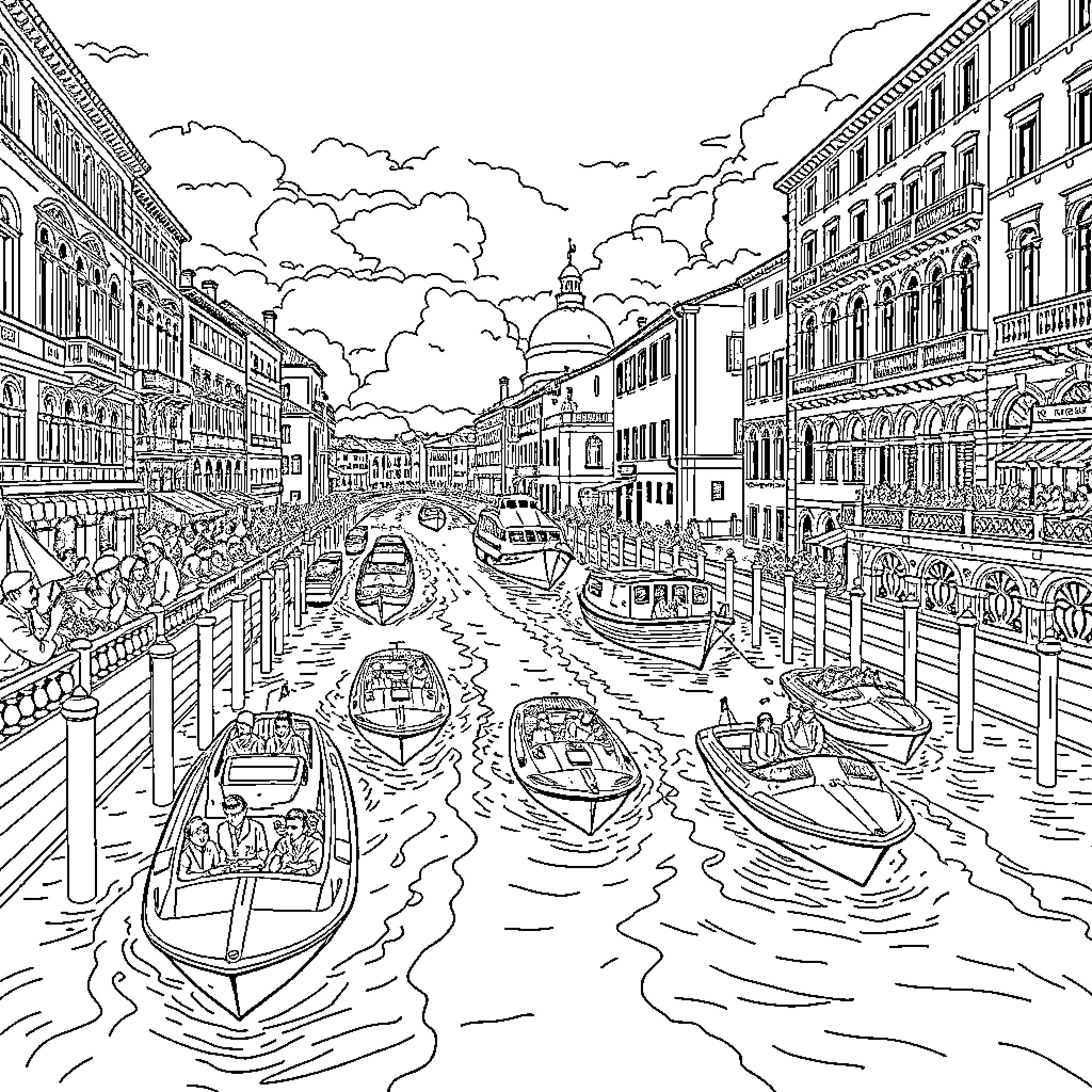 Regatta on the Scenic Venetian Waterways Coloring Page (free black-and-white line drawing printable PDF for all, from beginners to advanced learners, including children, teens, adults, and seniors)
