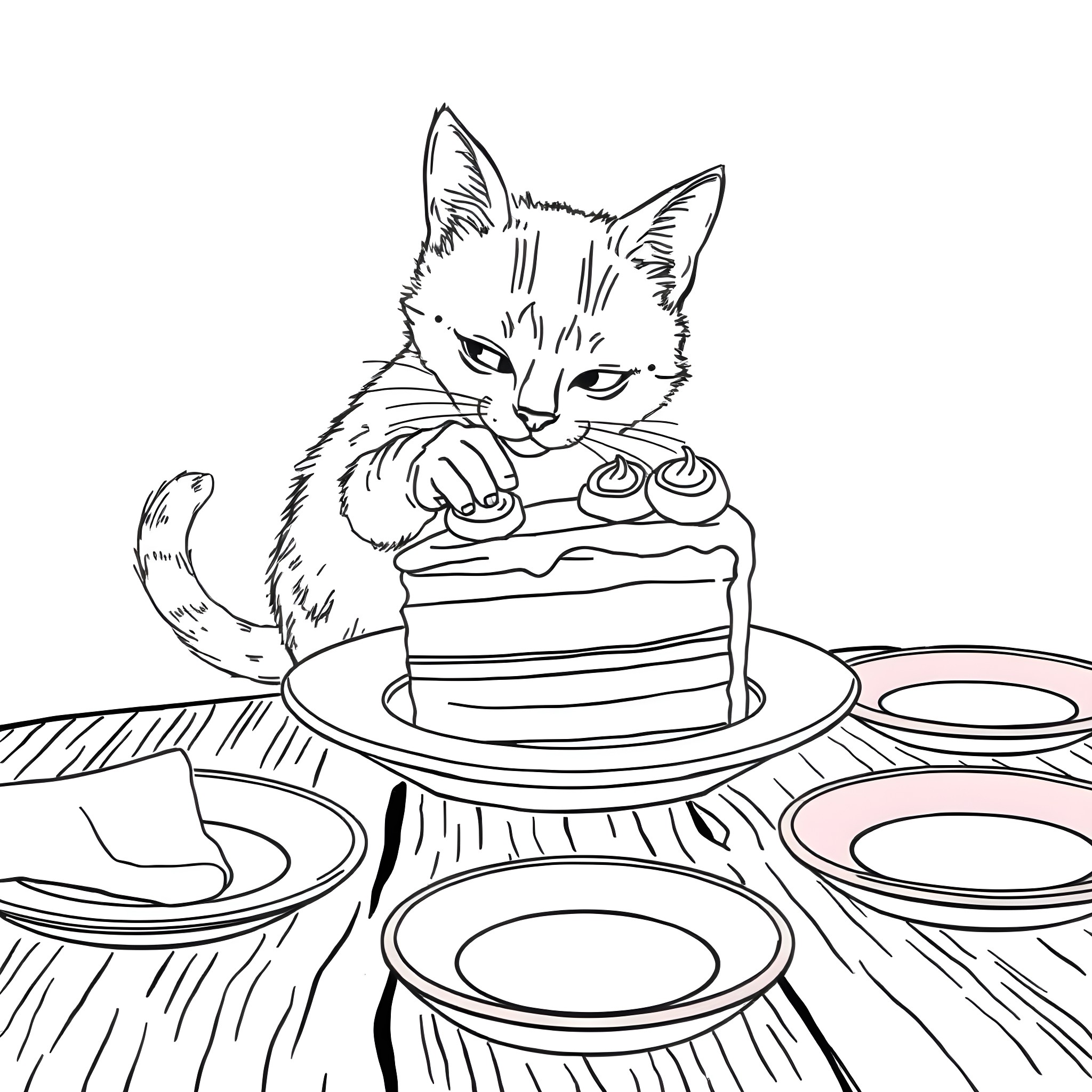 Cat looking at a cake on the table Coloring Page (free black-and-white line drawing printable PDF for all, from beginners to advanced learners, including children, teens, adults, and seniors)