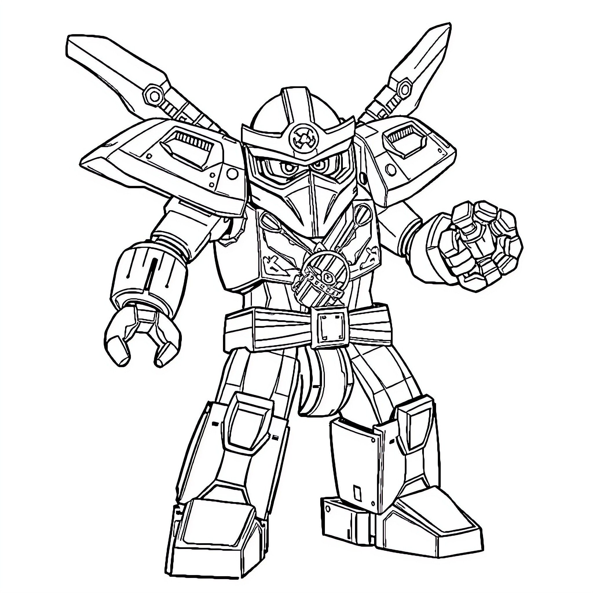 Robot warrior in combat stance Coloring Page (free black-and-white line drawing printable PDF for all, from beginners to advanced learners, including children, teens, adults, and seniors)