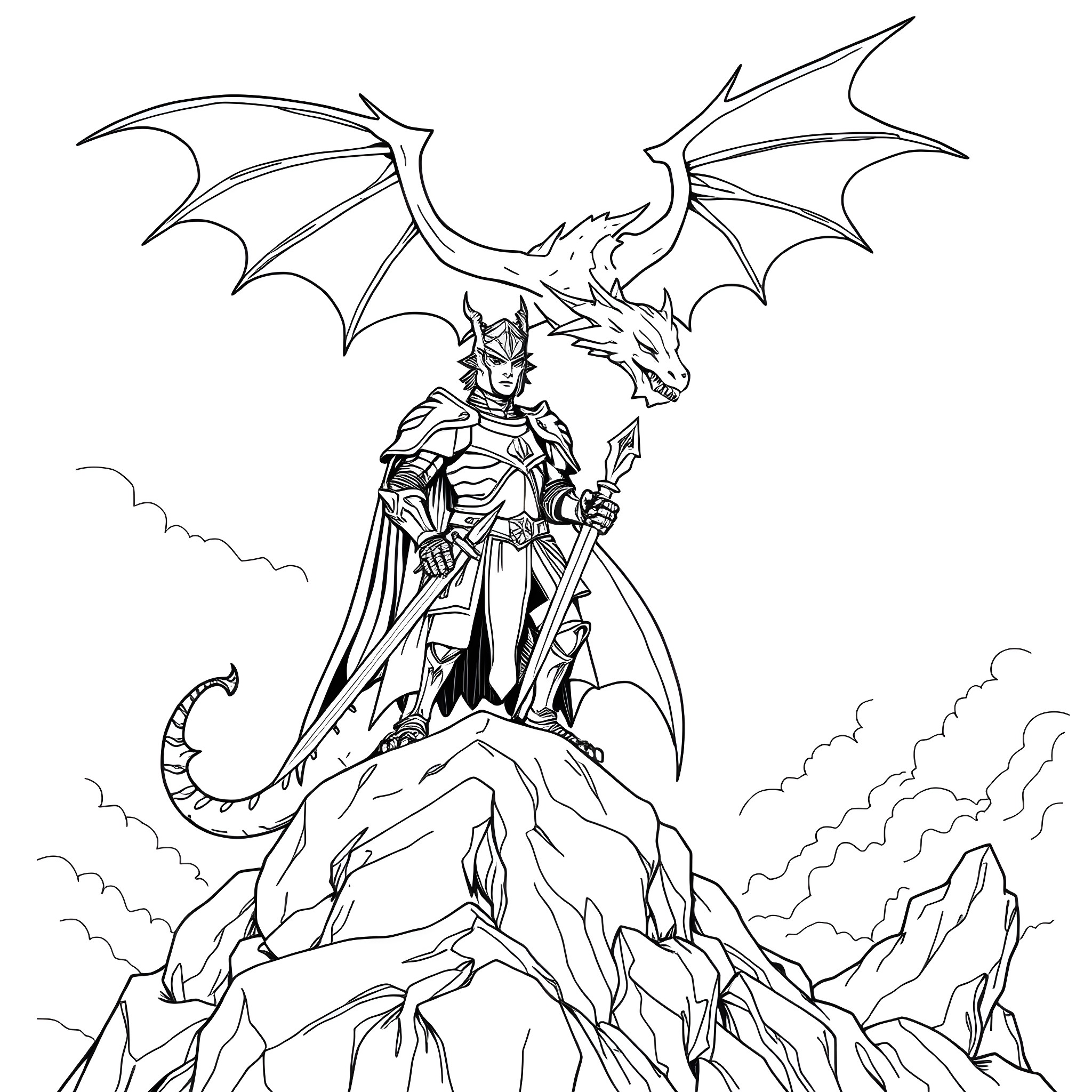 Dragon Knight Battling on Rugged Mountainous Terrain Coloring Page (free black-and-white line drawing printable PDF for all, from beginners to advanced learners, including children, teens, adults, and seniors)