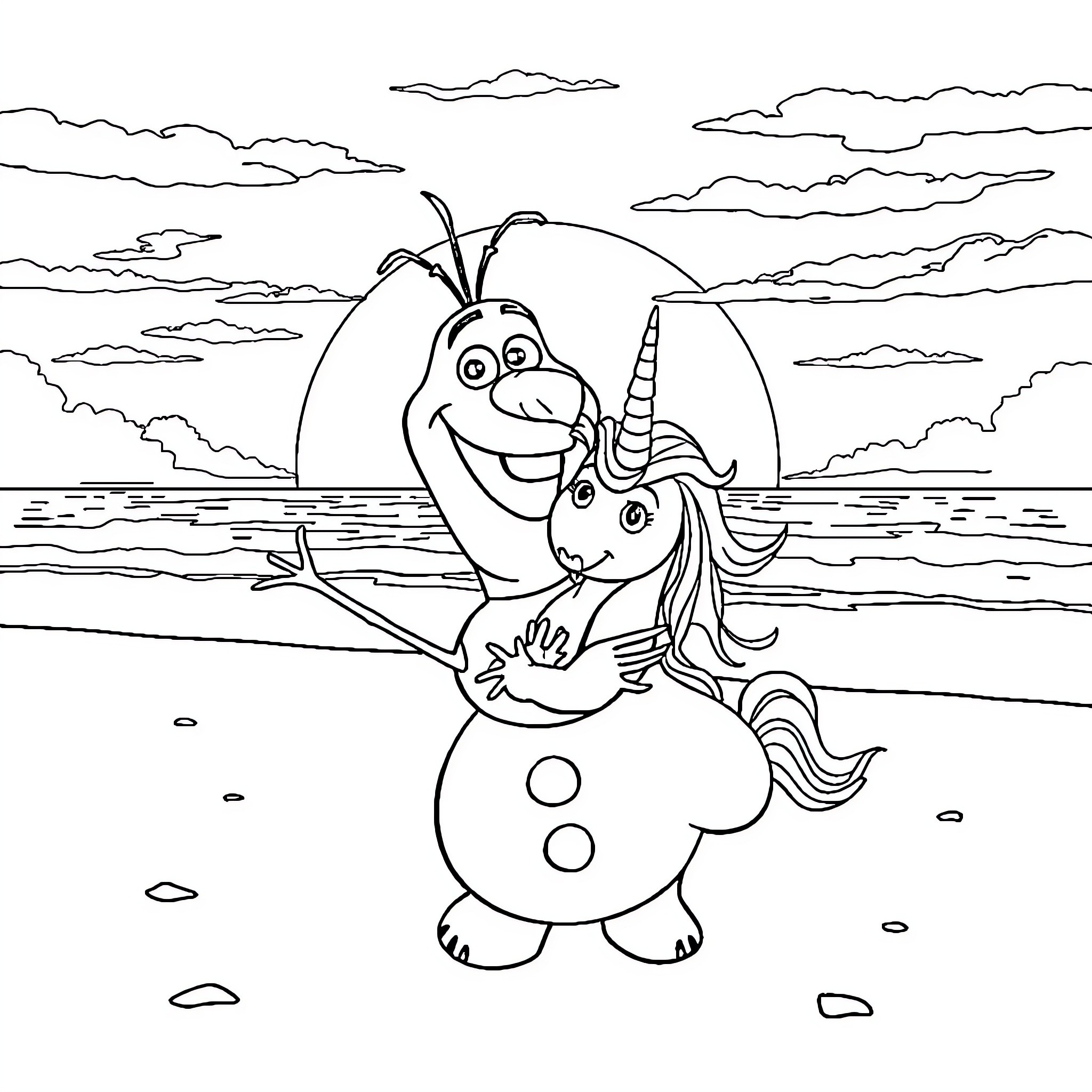 Olaf the Snowman's Beachy Adventure Coloring Page (free black-and-white line drawing printable PDF for all, from beginners to advanced learners, including children, teens, adults, and seniors)