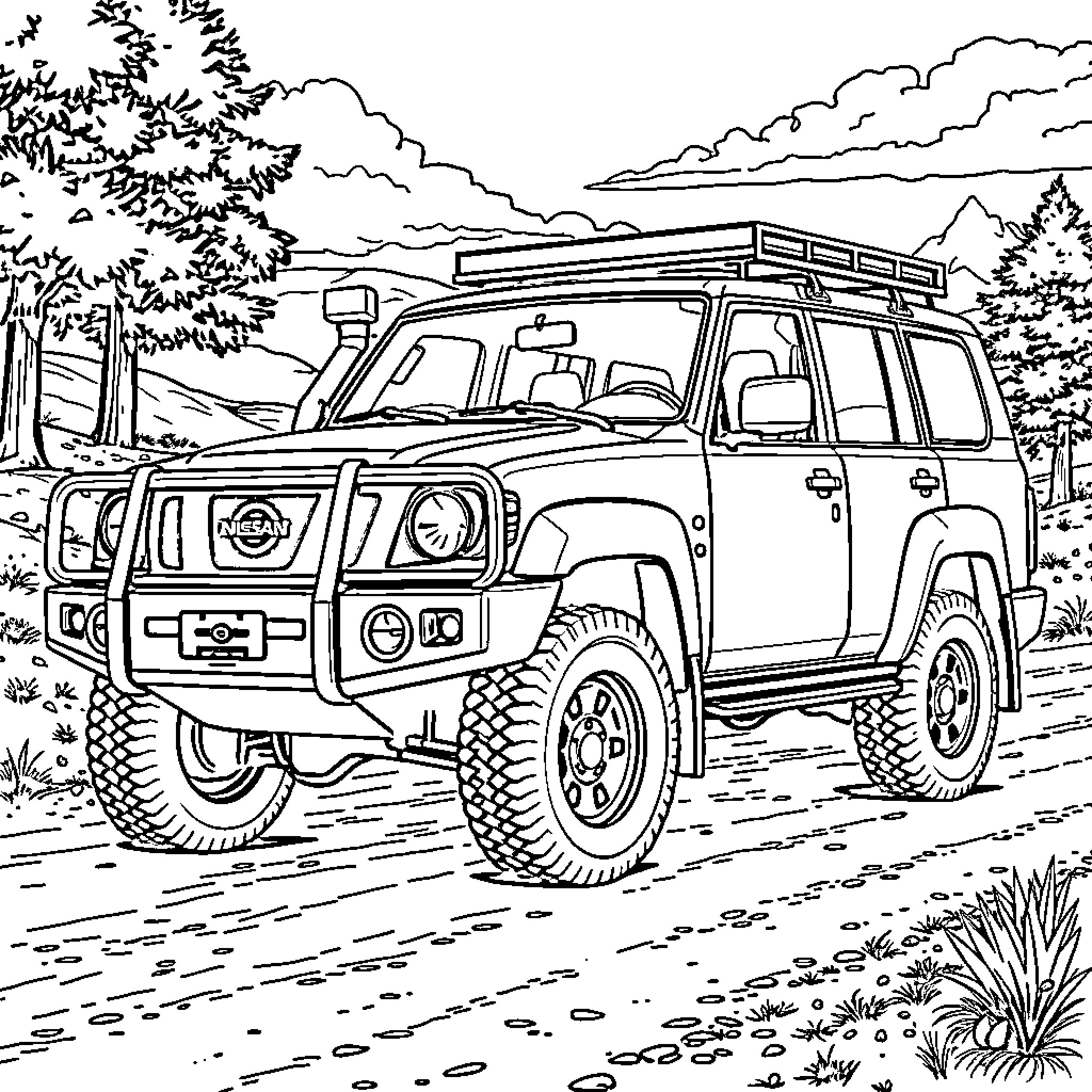 Nissan Patrol off-road adventure in the wilderness Coloring Page (free black-and-white line drawing printable PDF for all, from beginners to advanced learners, including children, teens, adults, and seniors)