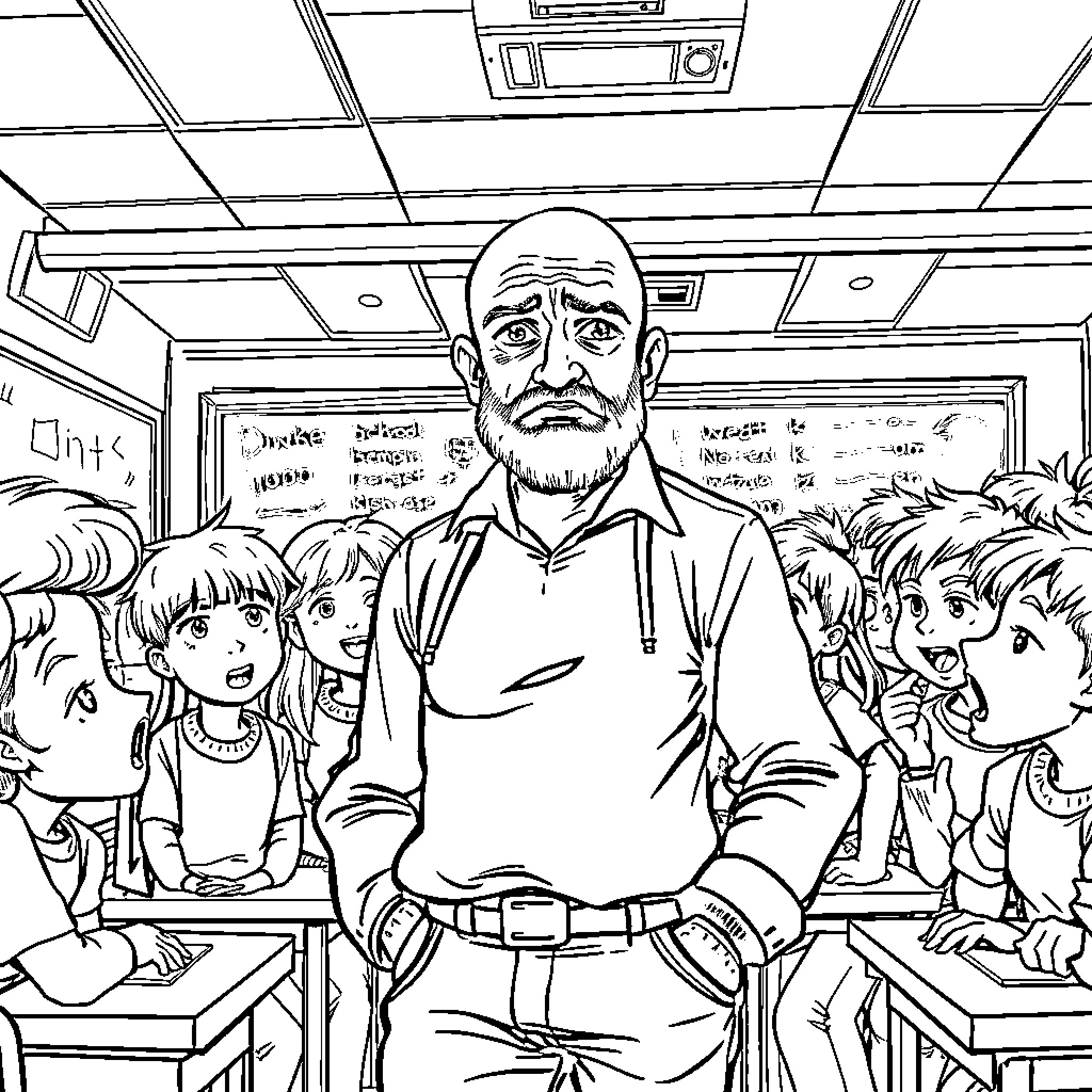 Teacher giving a serious lecture to students in the classroom Coloring Page (free black-and-white line drawing printable PDF for all, from beginners to advanced learners, including children, teens, adults, and seniors)