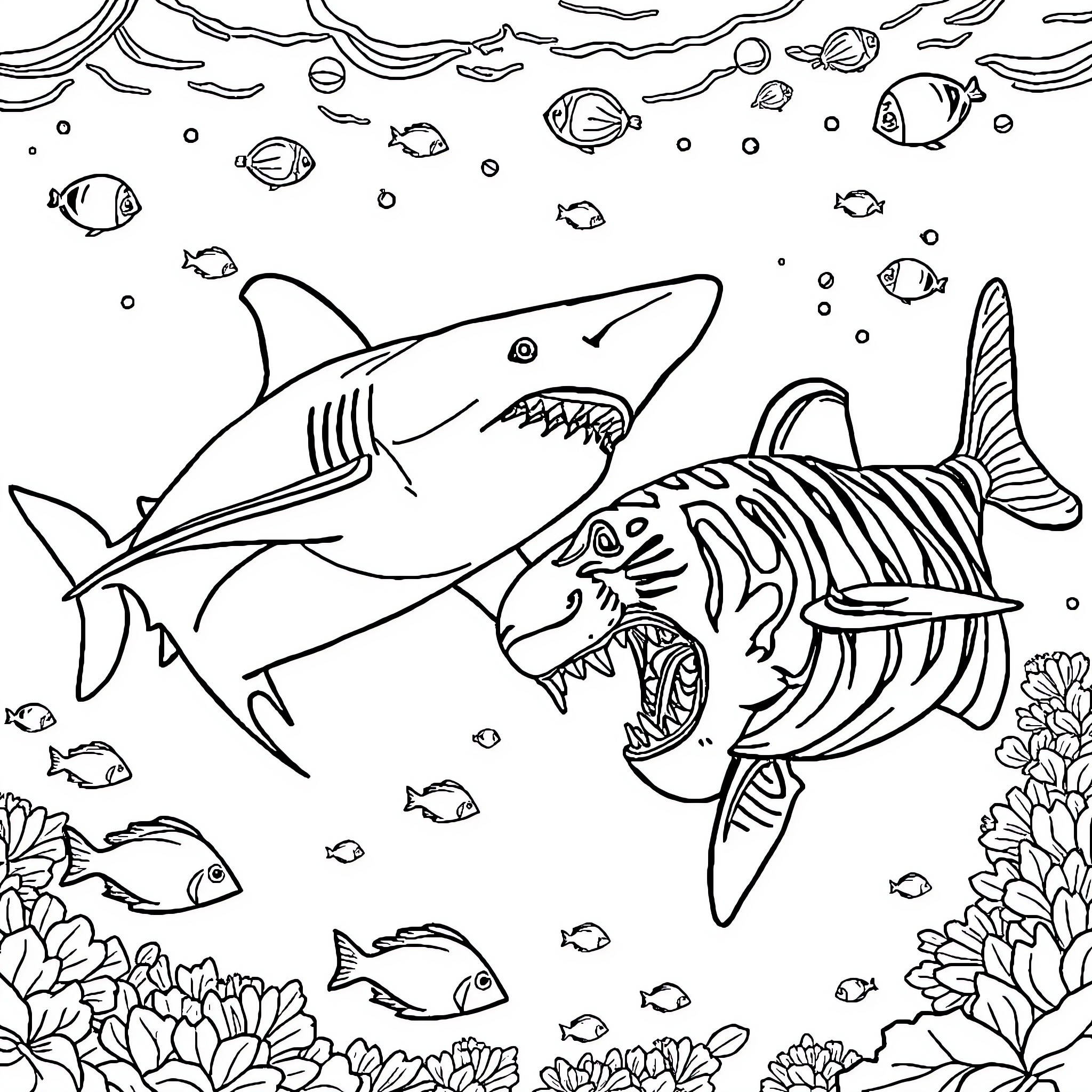 Hammerhead Shark hunting underwater among colorful fish Coloring Page (free black-and-white line drawing printable PDF for all, from beginners to advanced learners, including children, teens, adults, and seniors)