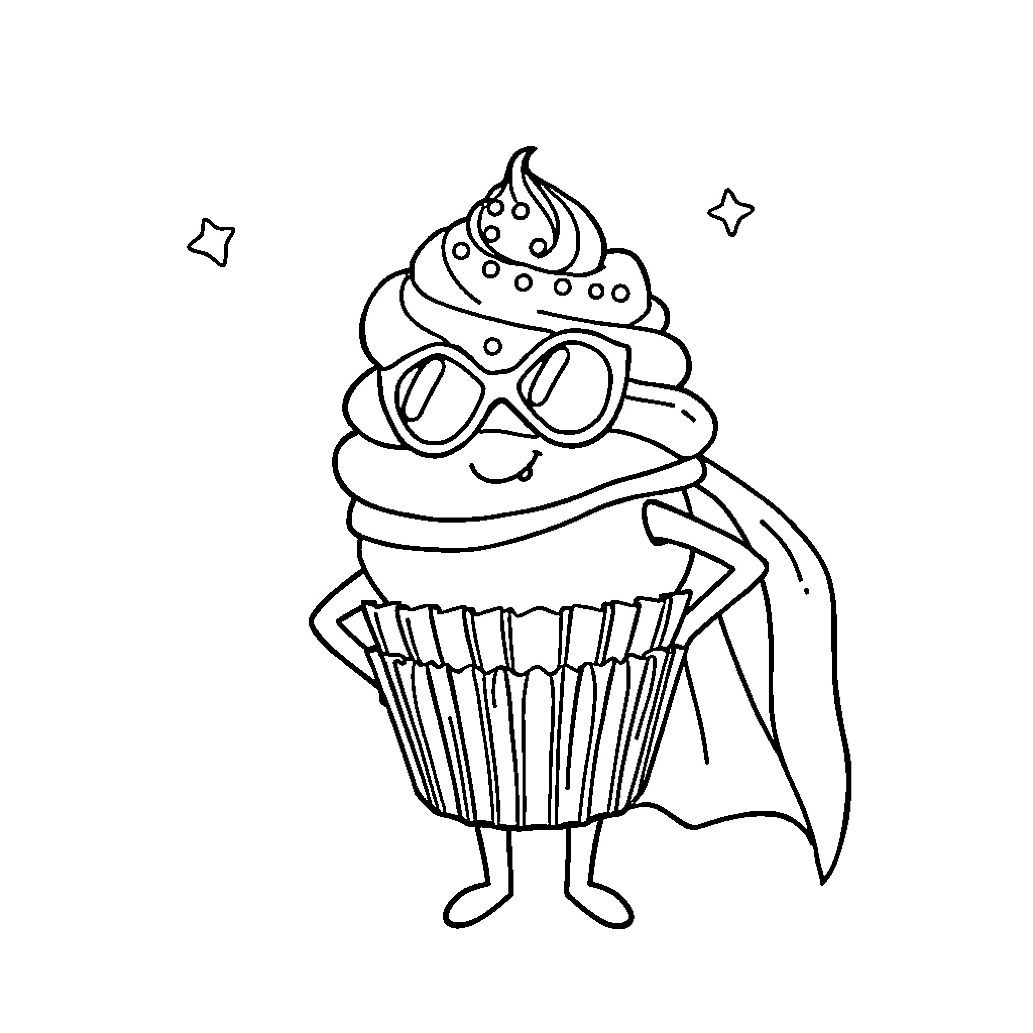 Cupcake wearing superhero mask and cape Coloring Page (free black-and-white line drawing printable PDF for all, from beginners to advanced learners, including children, teens, adults, and seniors)