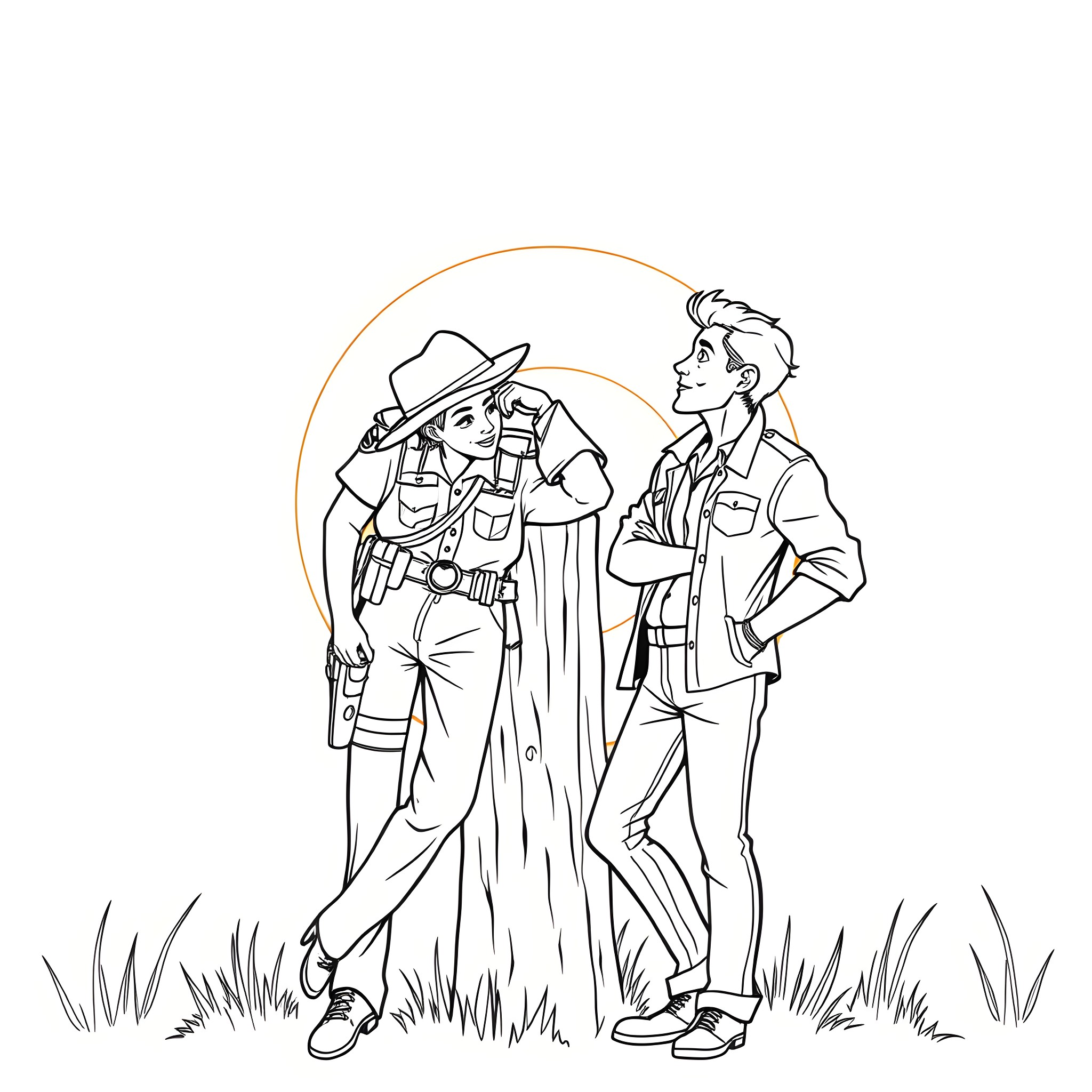 Deputy Officers in Casual Conversation Coloring Page (free black-and-white line drawing printable PDF for all, from beginners to advanced learners, including children, teens, adults, and seniors)