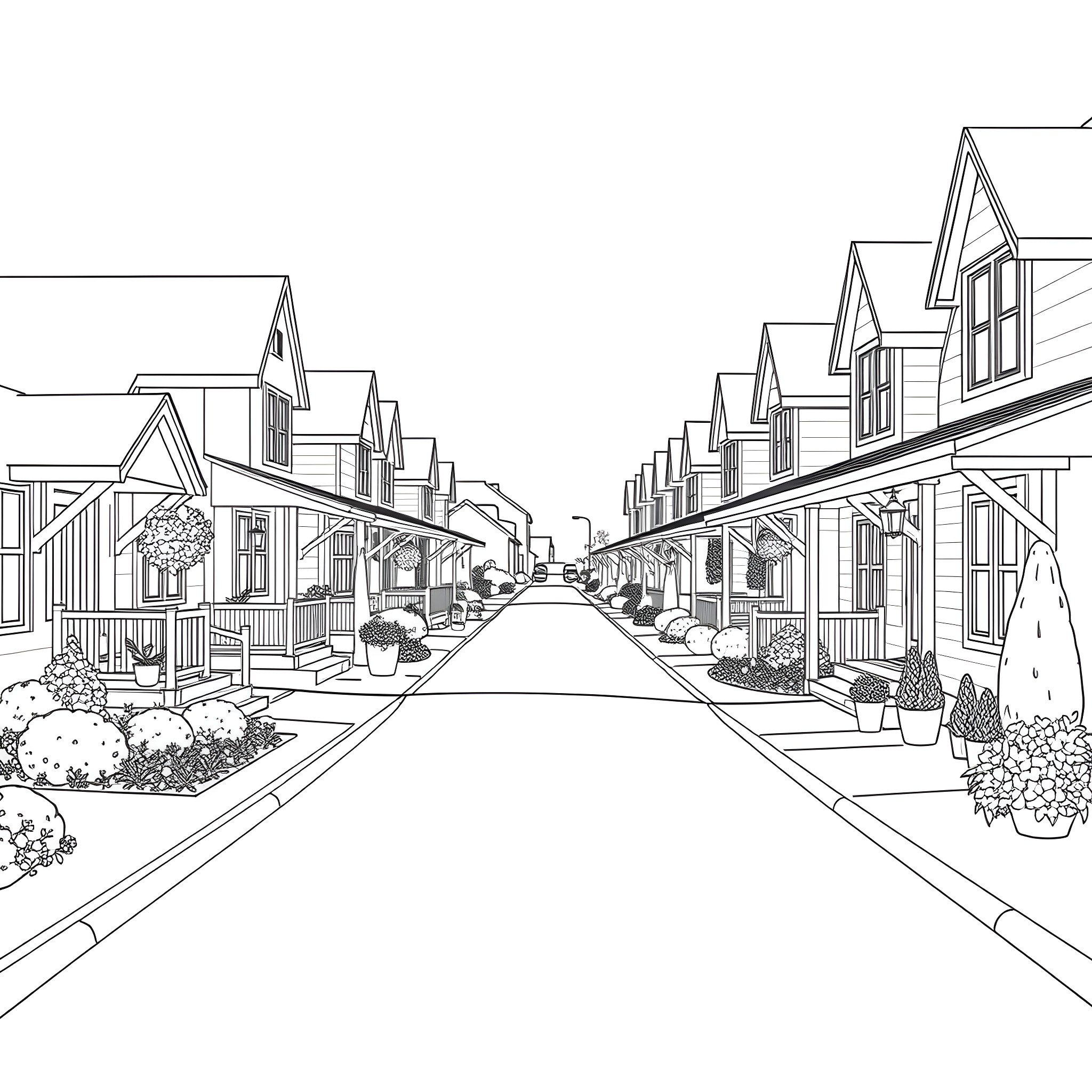 House Lined Street with Decorative Homes Coloring Page (free black-and-white line drawing printable PDF for all, from beginners to advanced learners, including children, teens, adults, and seniors)