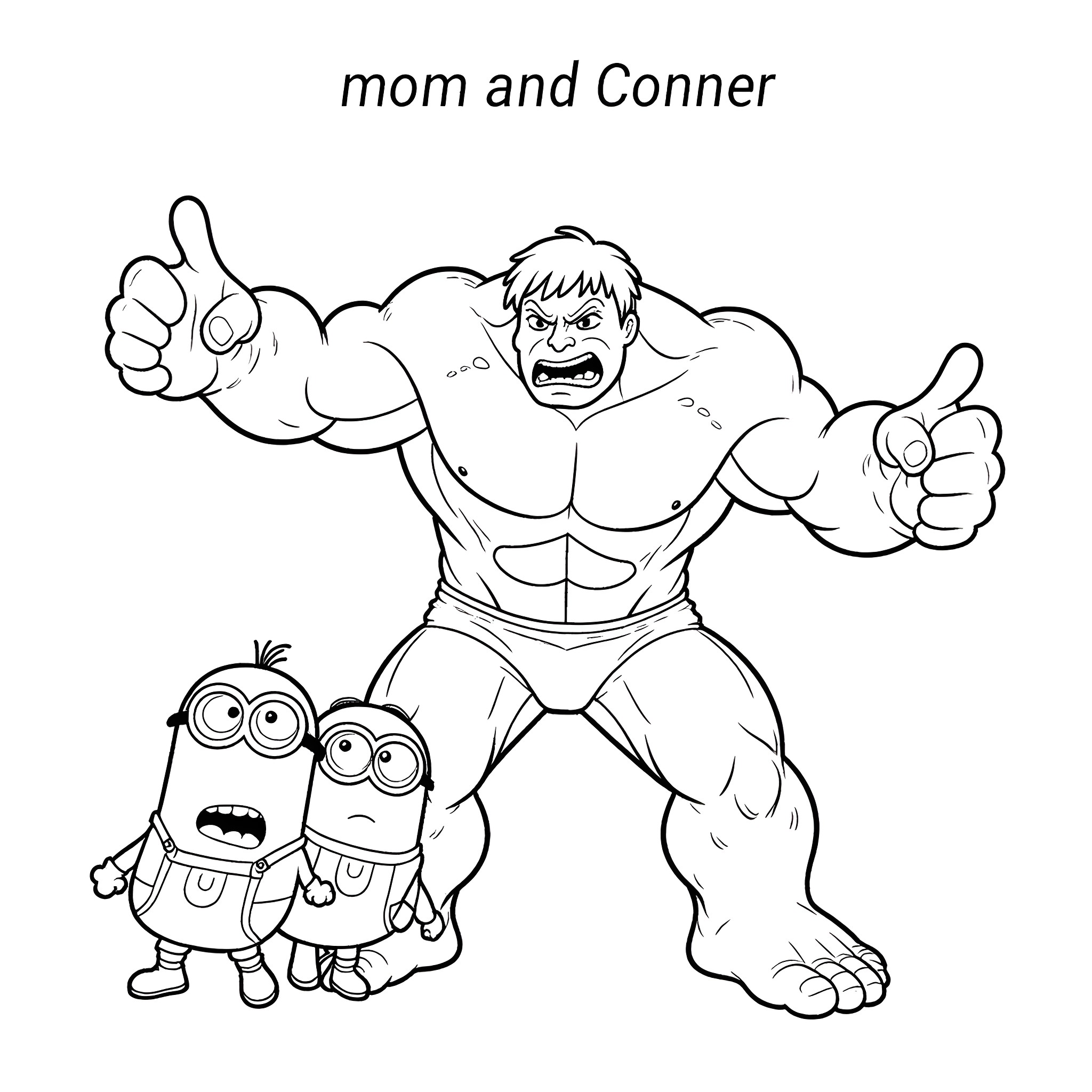 Hulk and Minions in Action Coloring Page (free black-and-white line drawing printable PDF for all, from beginners to advanced learners, including children, teens, adults, and seniors)