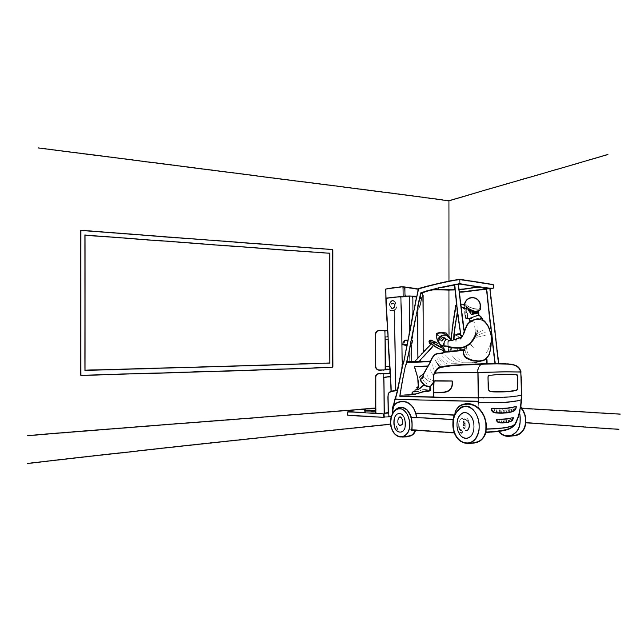 Forklift operator moving crate in warehouse Coloring Page (free black-and-white line drawing printable PDF for all, from beginners to advanced learners, including children, teens, adults, and seniors)