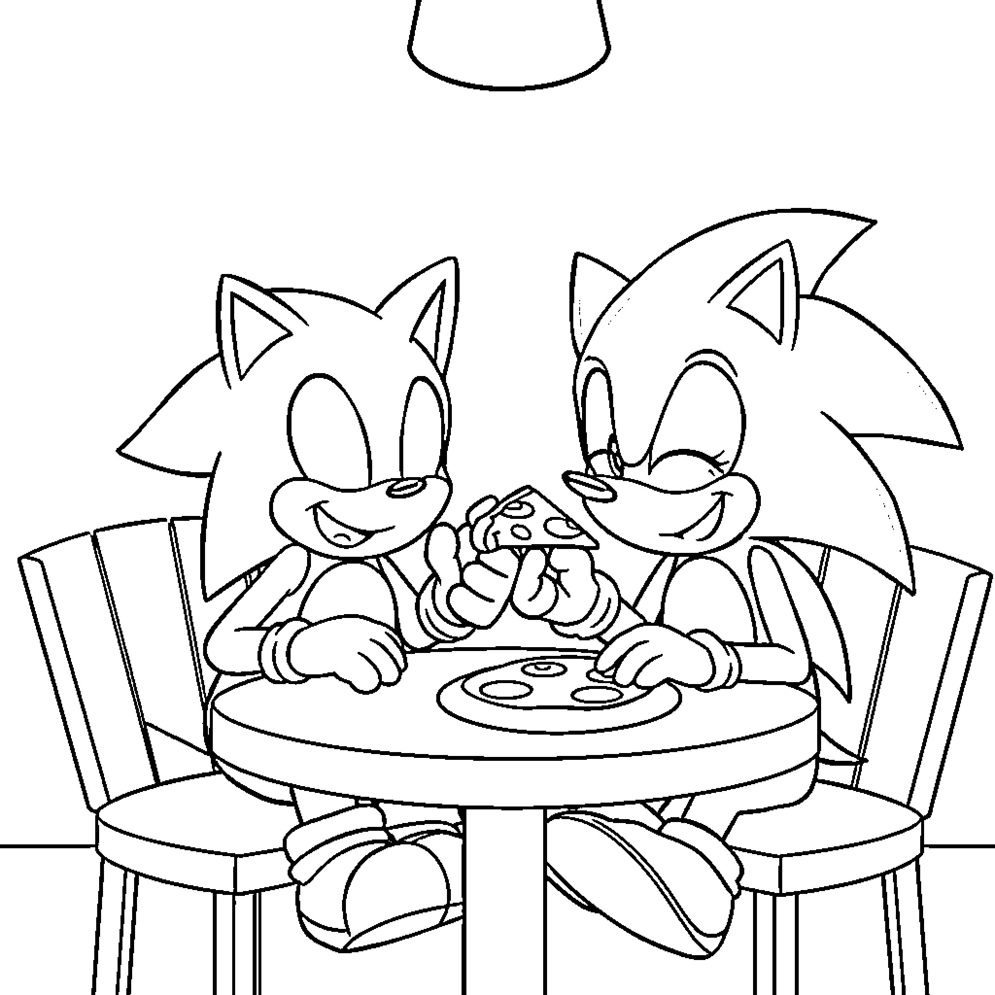 Sonic Characters Sharing a Meal Together Coloring Page (free black-and-white line drawing printable PDF for all, from beginners to advanced learners, including children, teens, adults, and seniors)