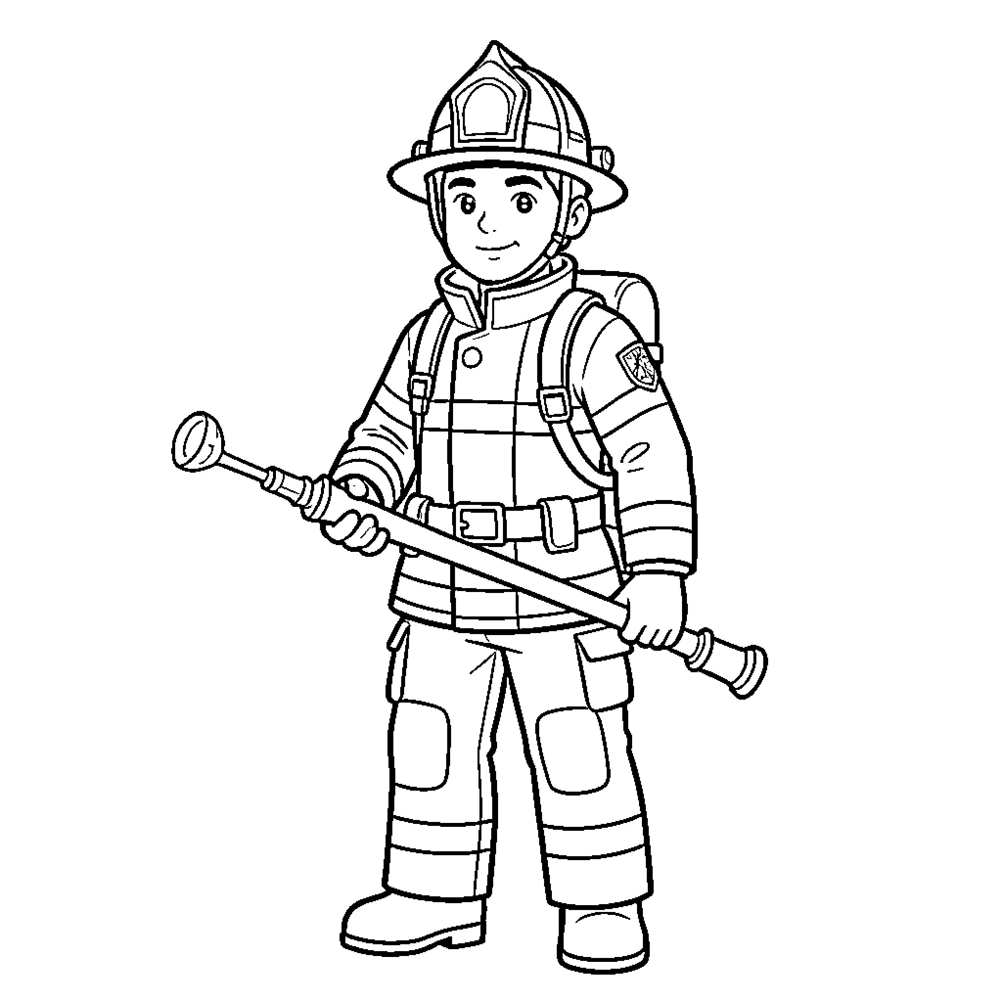 Firefighter in protective gear holding fire extinguisher Coloring Page (free black-and-white line drawing printable PDF for all, from beginners to advanced learners, including children, teens, adults, and seniors)