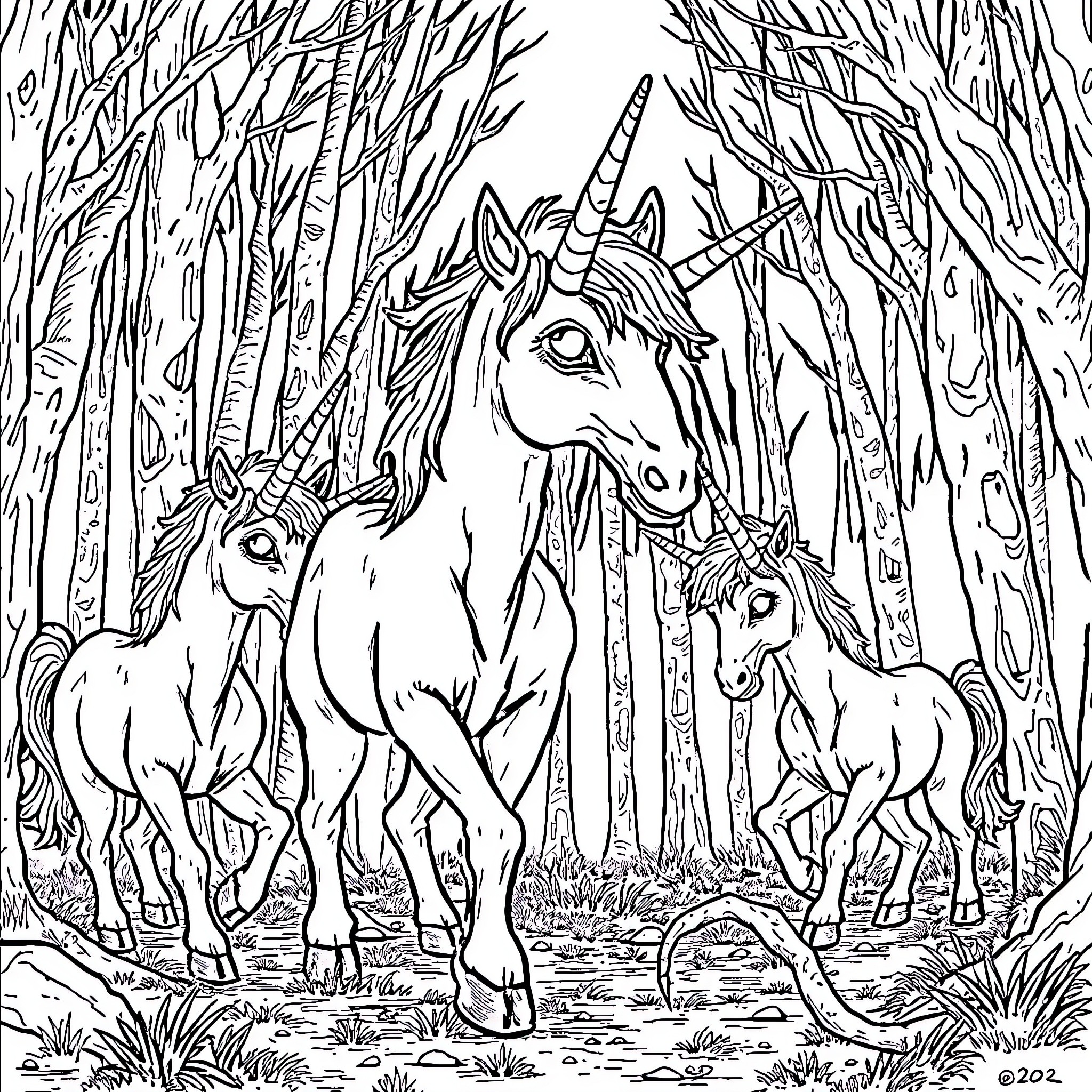 Unicorn family in enchanted forest Coloring Page (free black-and-white line drawing printable PDF for all, from beginners to advanced learners, including children, teens, adults, and seniors)