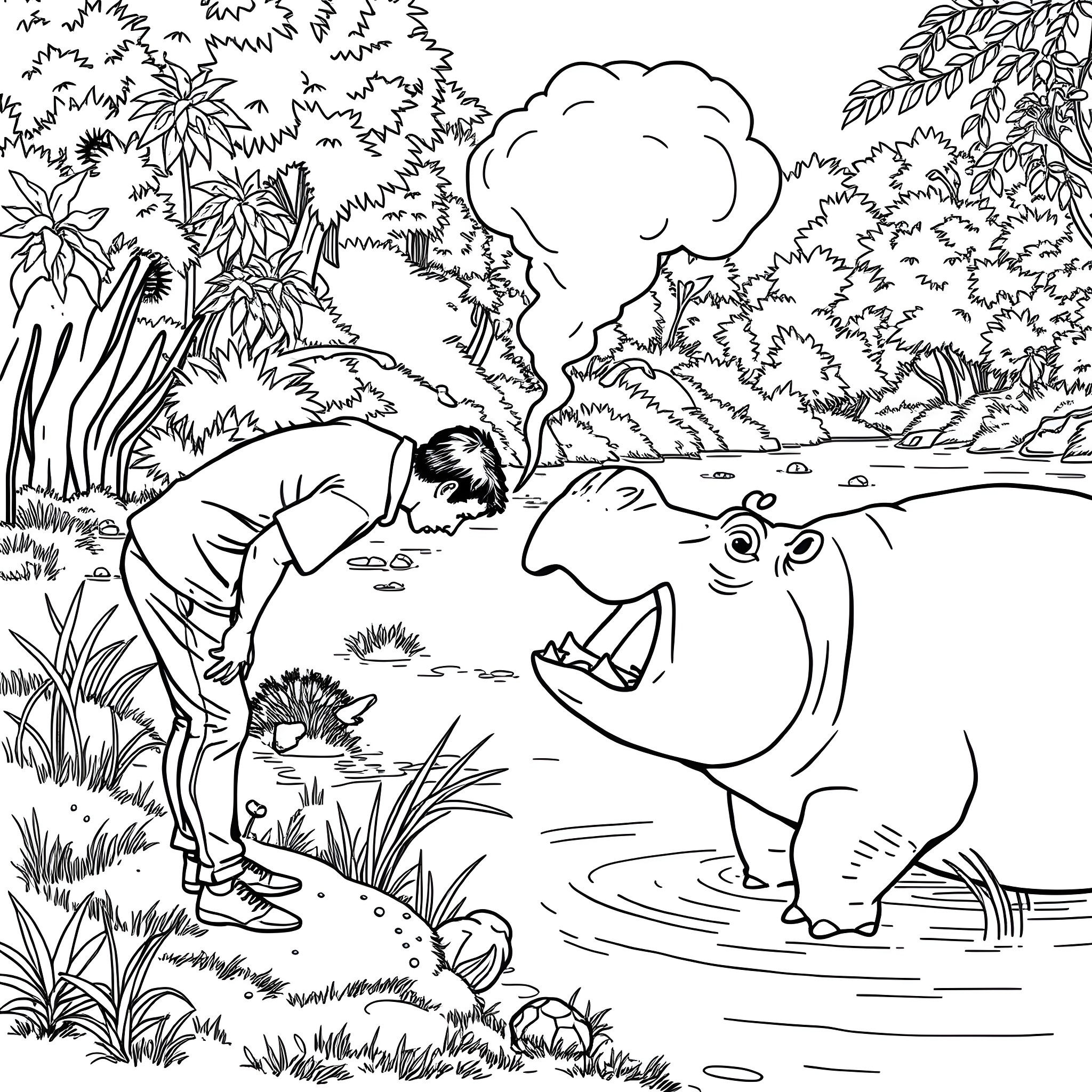 Man interacting with playful hippo in lush forest Coloring Page (free black-and-white line drawing printable PDF for all, from beginners to advanced learners, including children, teens, adults, and seniors)