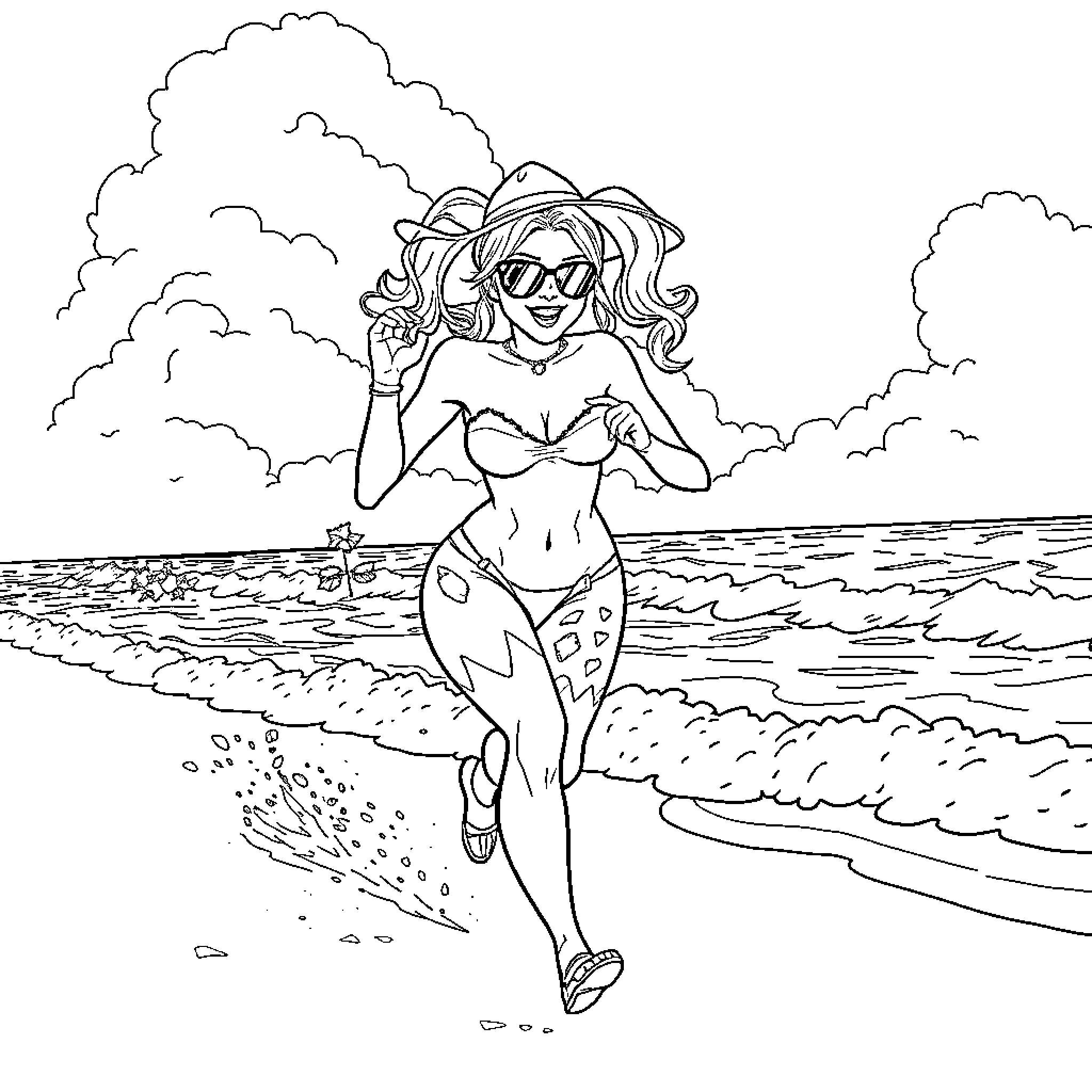 Harley Quinn having fun on the beach Coloring Page (free black-and-white line drawing printable PDF for all, from beginners to advanced learners, including children, teens, adults, and seniors)
